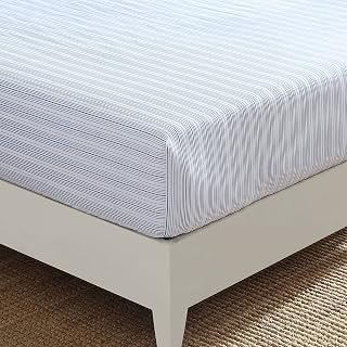 Nautica Queen Fitted Sheet Beaux Stripe Blue - 100% Cotton Percale, Deep Pocket up to 18", Crisp Cool Bedding