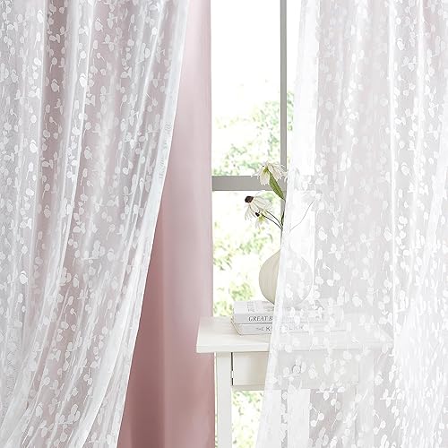 Miniatura 6 de Jubilantex Cortinas a juego con mezcla de rosas, 2 paneles de encaje transparente con hojas, 2 paneles y 2 cortinas opacas completas, cortinas 100%