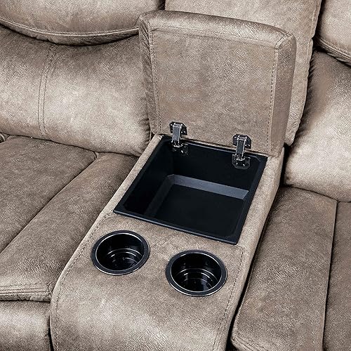 Miniatura 5 de Lexicon Warrenton Asiento de dos plazas reclinable manual de gamuza sintética con consola central, 78.5 pulgadas de ancho, marrón