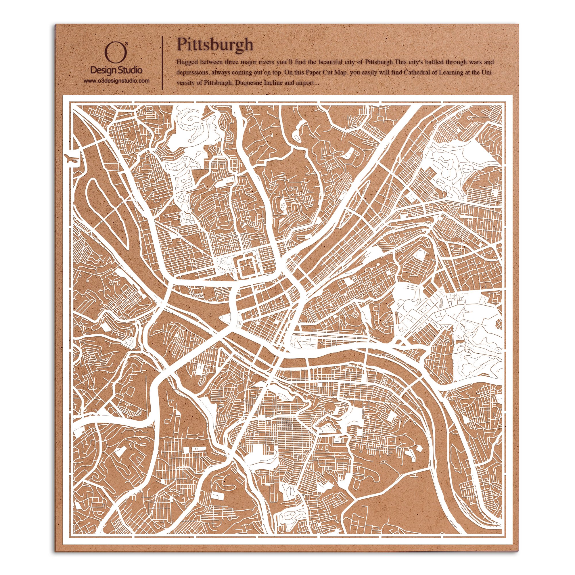 Pittsburgh Paper Cut Map by O3 Design Studio White 12x12 inches Paper Art