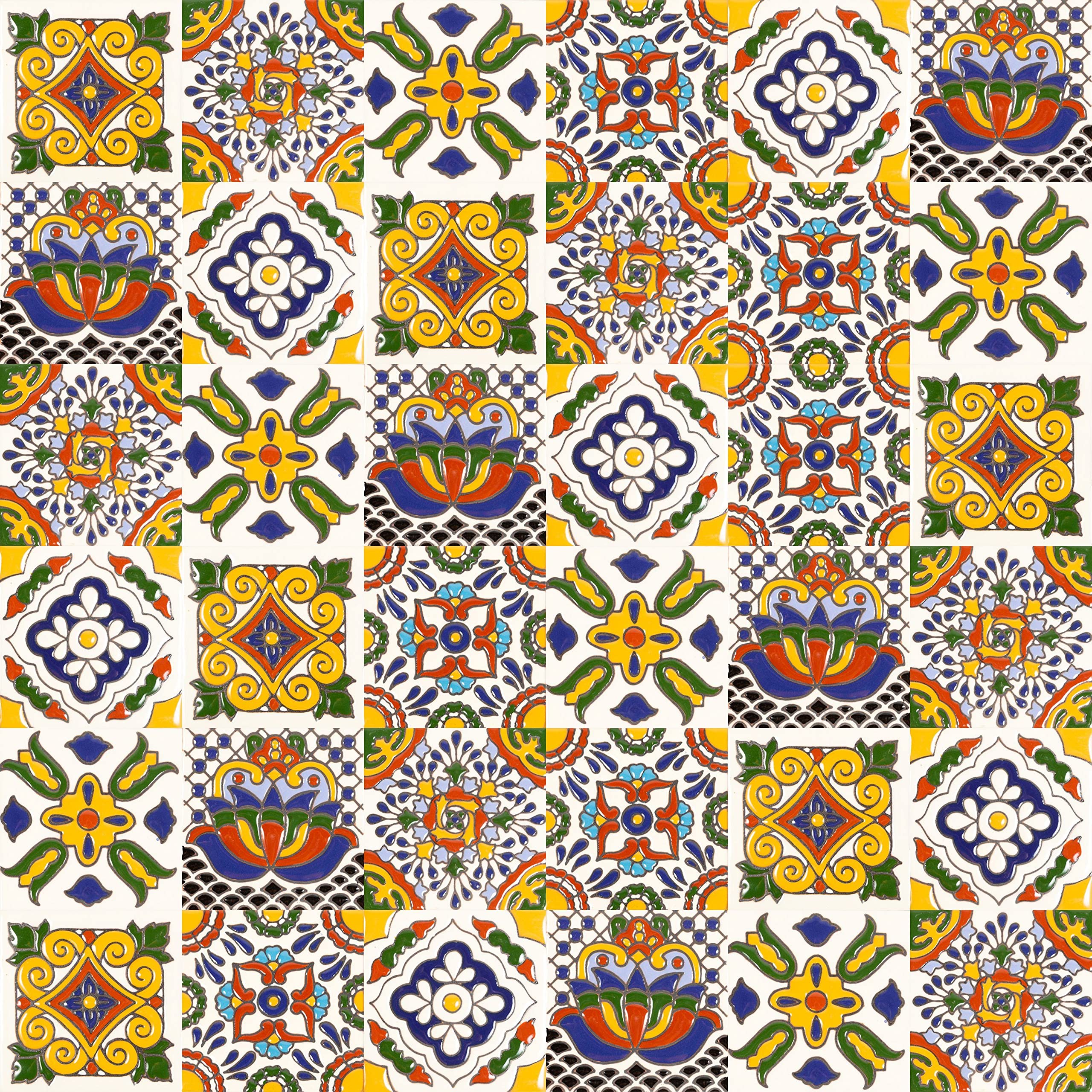 Cerames azulejos de mosaico Talavera Sergio Relieve - 30 azulejos decorativos de cerámica mexicana para baño, ducha, escaleras, pared posterior de la cocina | azulejos de mexicanos 10,5x10,5 cm