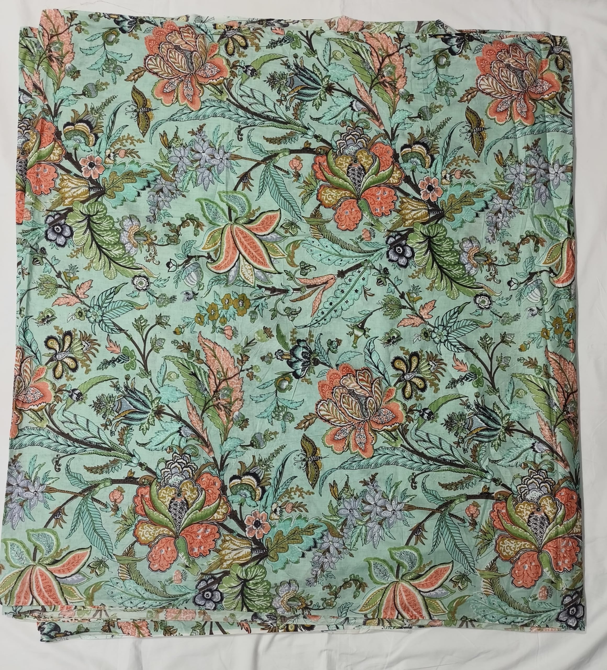 Indian Hand-Block Printed Jaipuri Flower Print Floral Ethnic Sanganer Kurti Print Cotton Fabric (Mint Mugal Flower, 3 Yards)