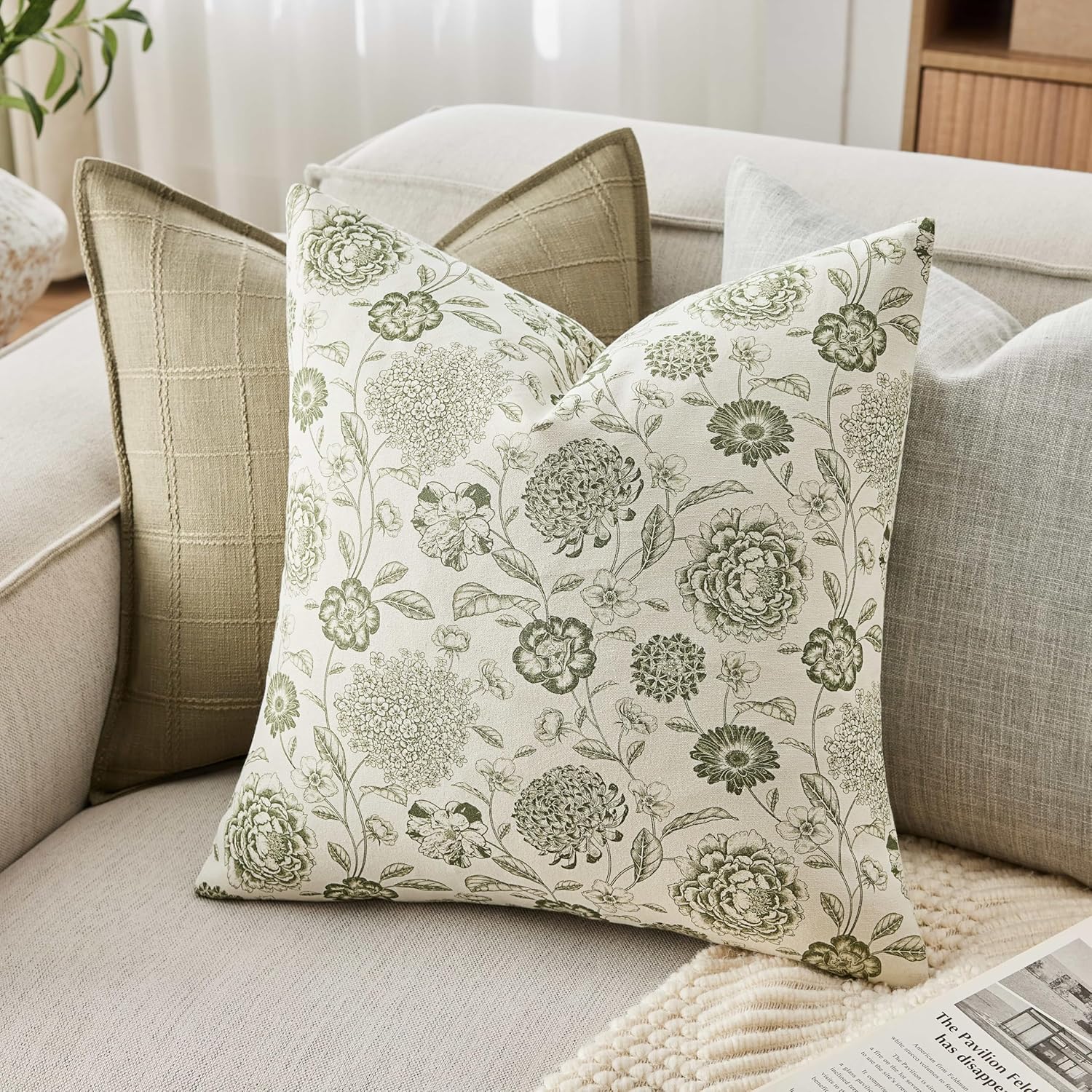 100% Cotton Botanical Throw Pillow Covers Set of 2, 22x22 Inch Moss, Farmhouse Double-Sided Floral Print Decorative Cushion Covers Pillow Cases Boho Home Decor