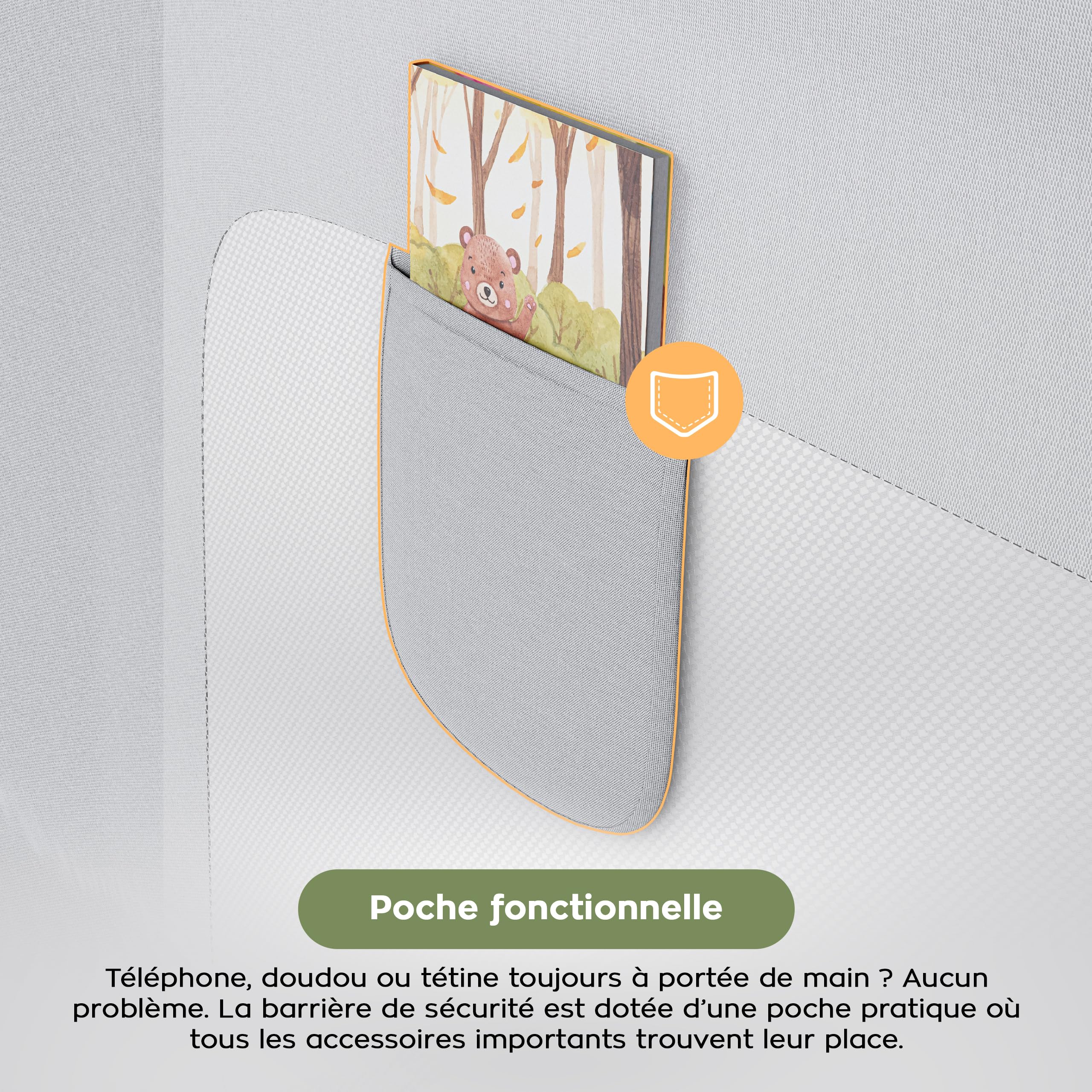 TULANO Cover 48 Barrière de lit Enfant 180 cm, avec Poche latérale, Gris