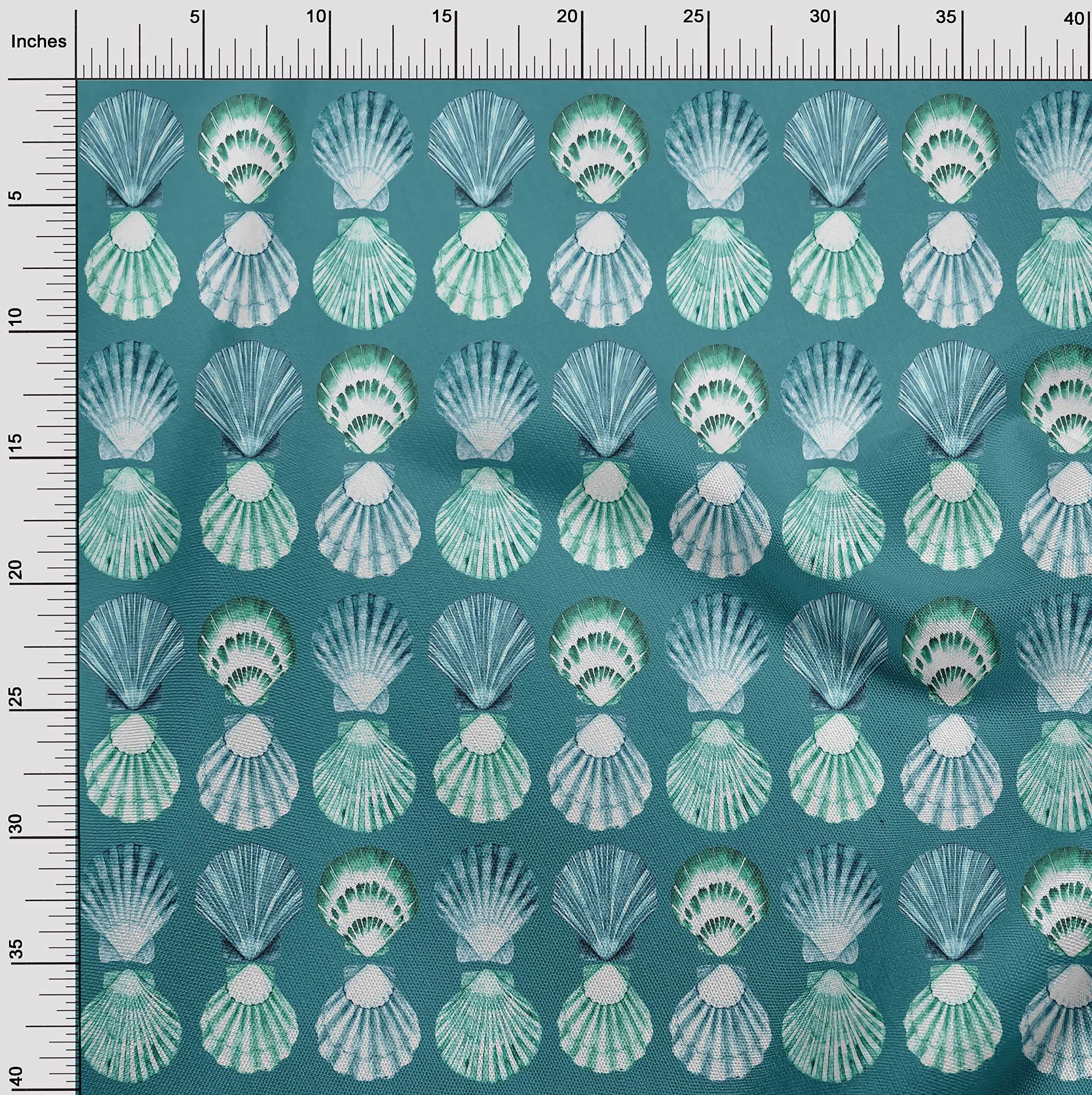 Tessuto Chiffon Di Viscosa OneOone - Stampa Conchiglie Mare - Verde Ottanio - Larghezza 106 Cm - Venduto Al Metro