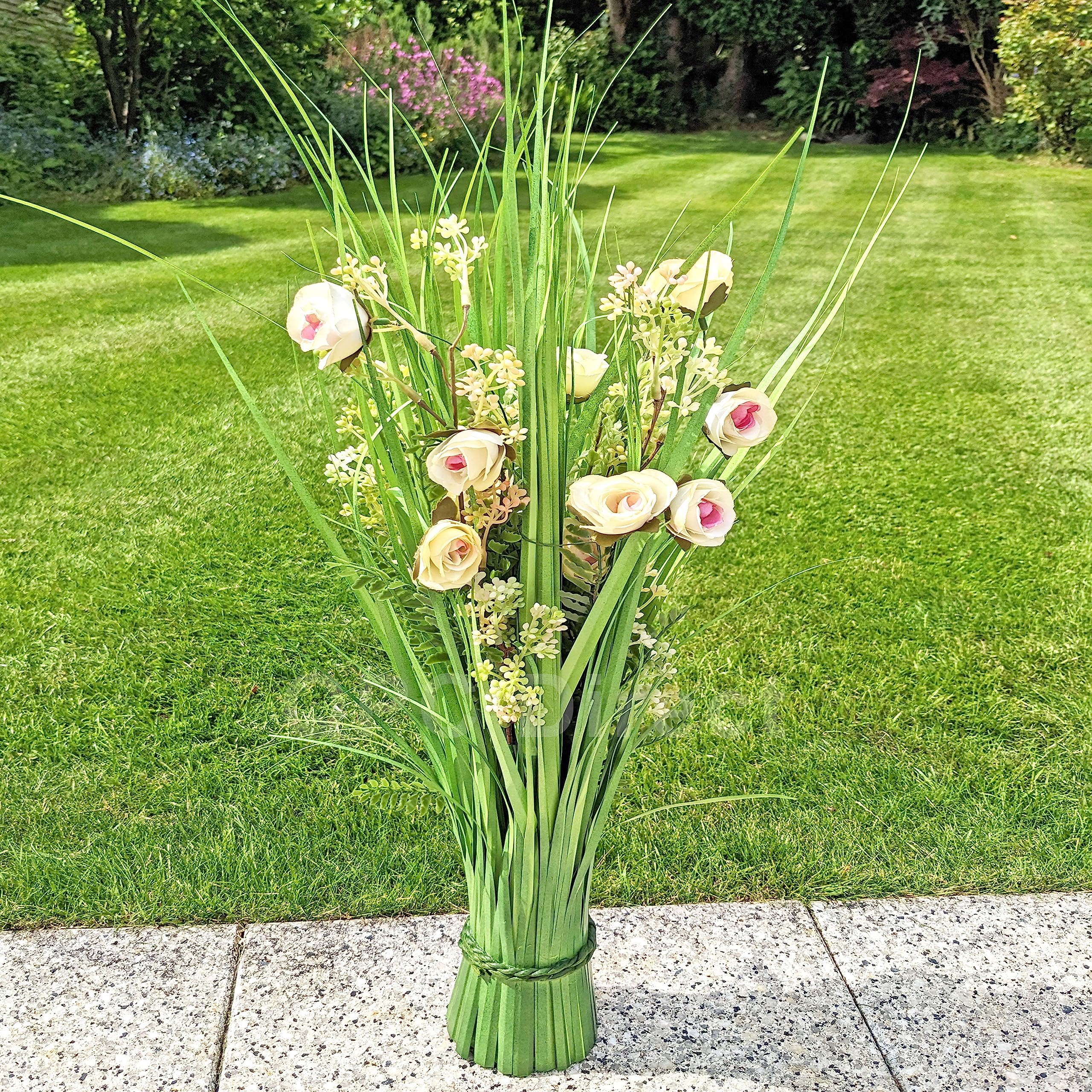 QPC DirectArtificial Flowers Sheaf Bunch Tall Grass Large Decorative Realistic Bouquet (Cream Country Rose 70cm)