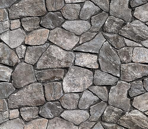 CONCORD WALLCOVERINGS  Papel tapiz de piedra 3D para despegar y pegar, color gris oscuro, imitación Wild Boulder, cinta autoadhesiva extraíble P&S -
