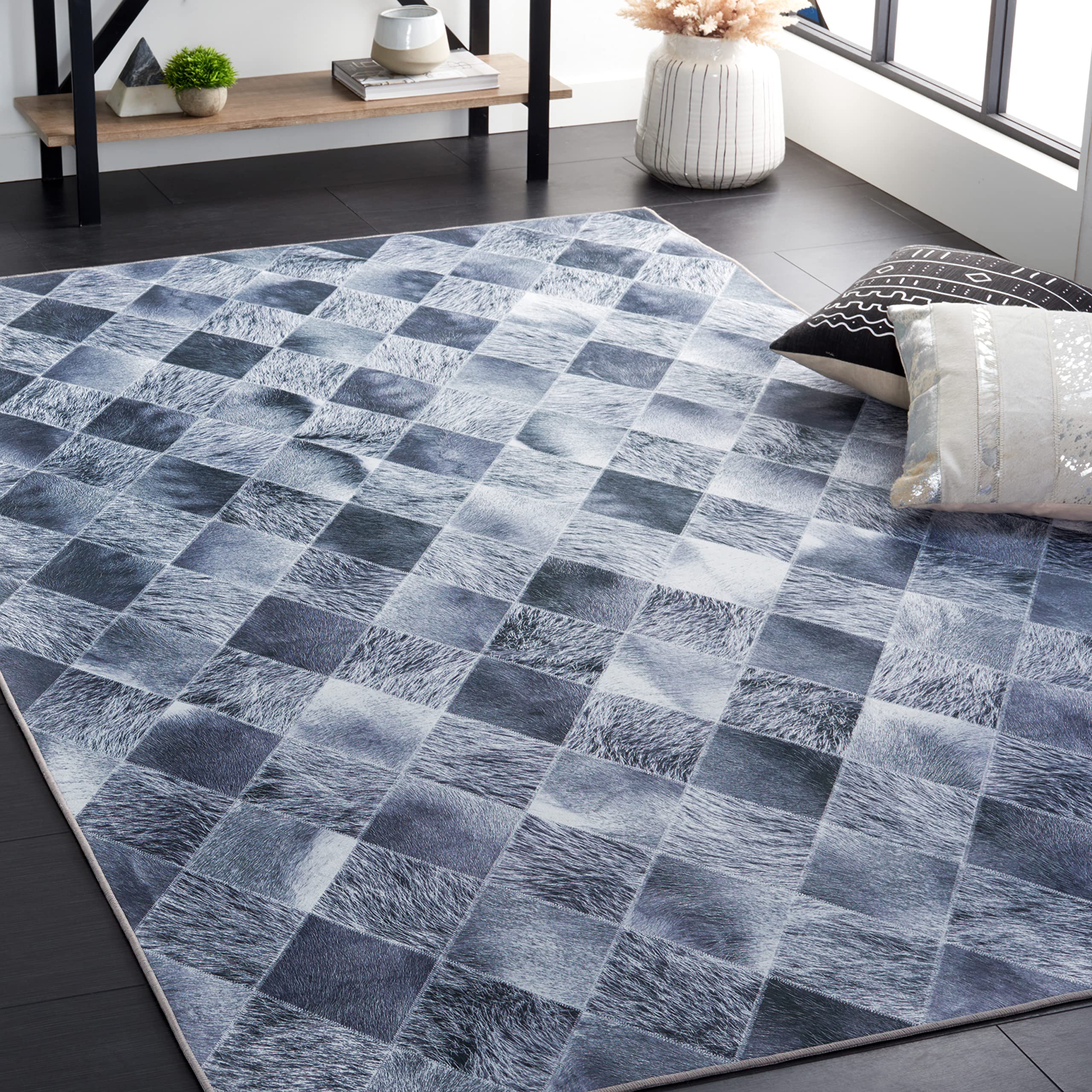 SAFAVIEH Washable Rug Faux Hide Collection - 6' x 9', Grey & Dark Grey, Slip Resistant, Modern Printed Pattern, Ideal for Living Room, Bedroom, Home