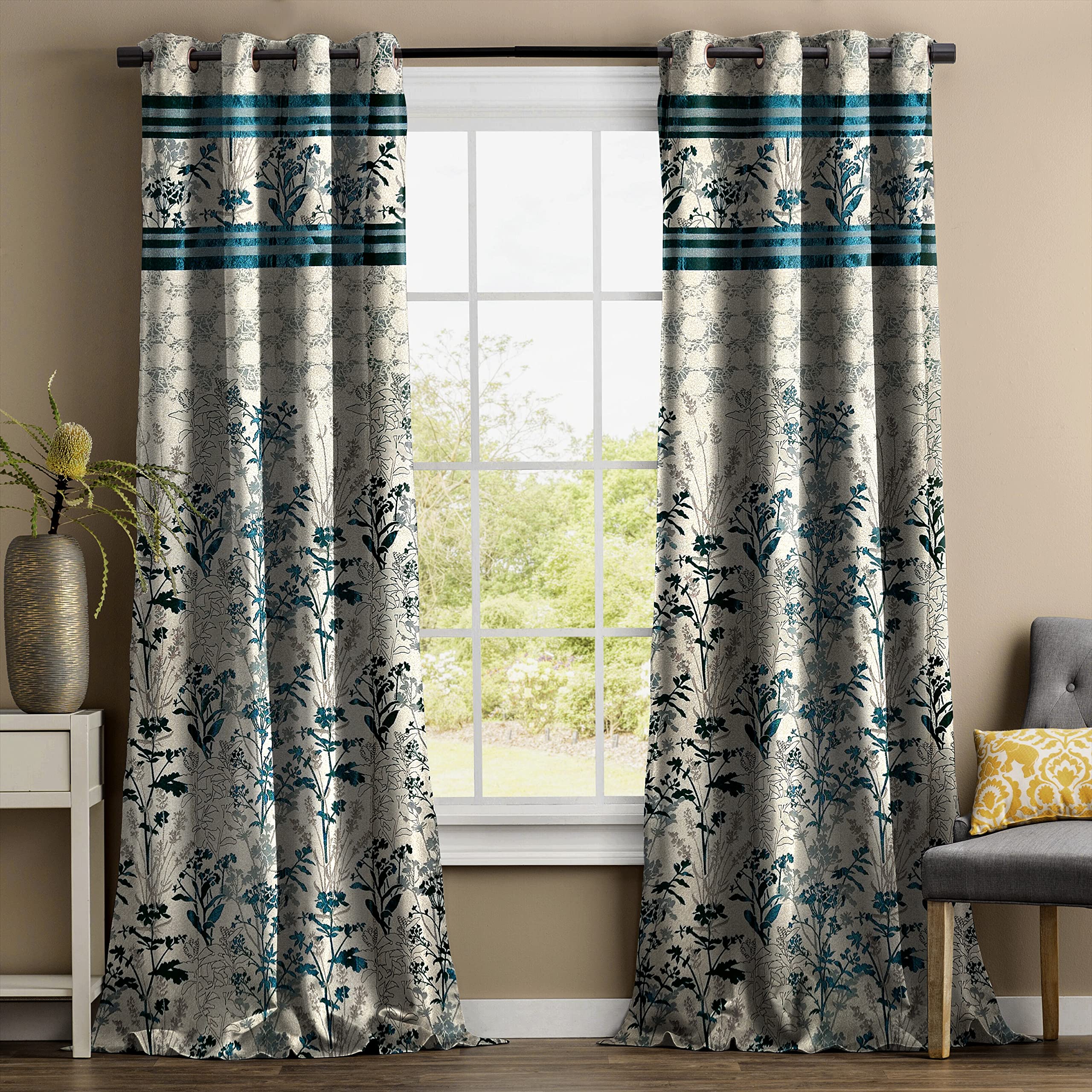Rayna Decor Floral Jute Jacquard Eyelet Door Curtain with Rust Free Eyelet Ringss.. Pack of 2- 4x7 feet, Aqua....