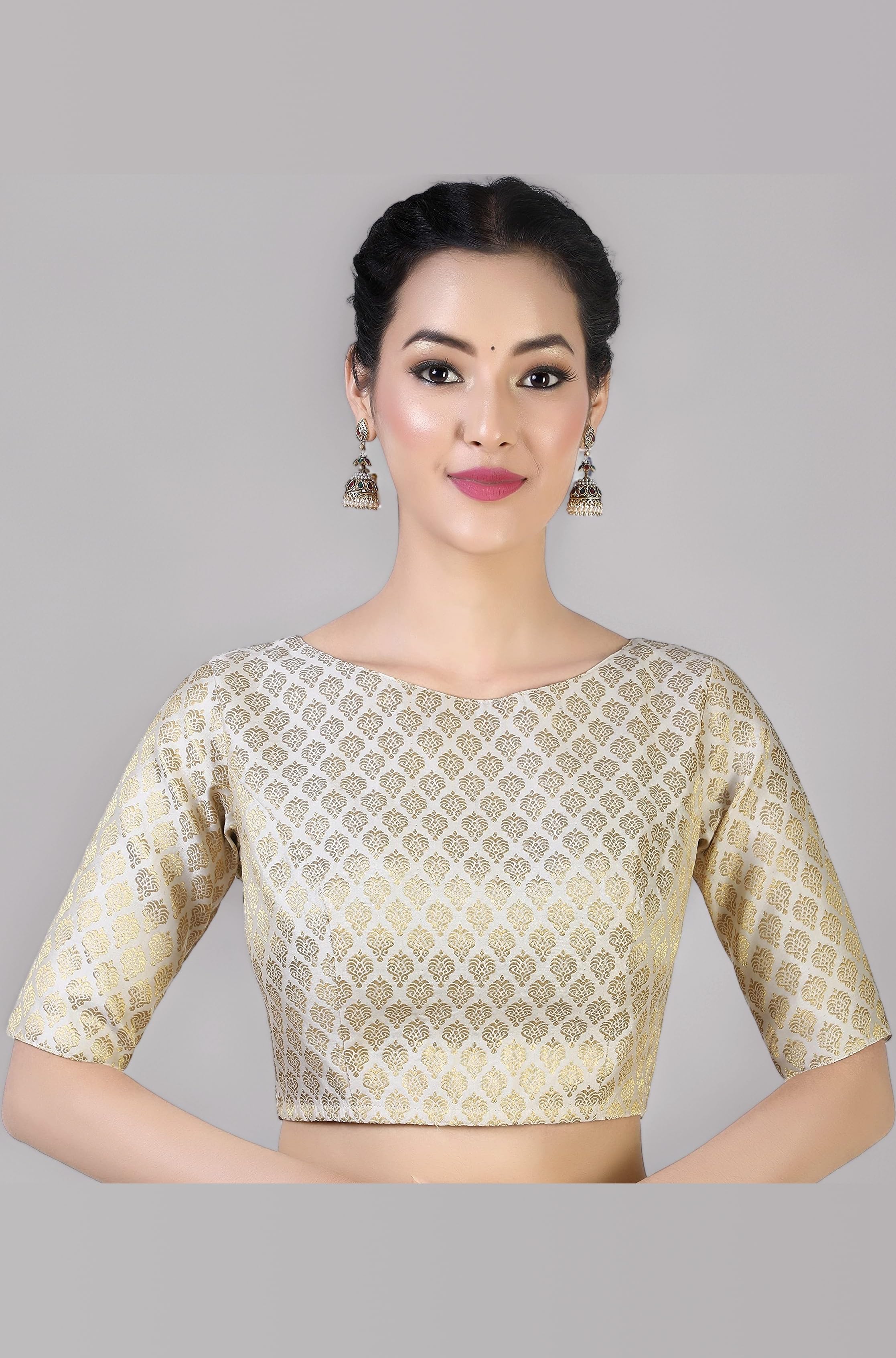 Women's Readymade Pastel Brocade Elbow Length Sleeves Saree Blouse