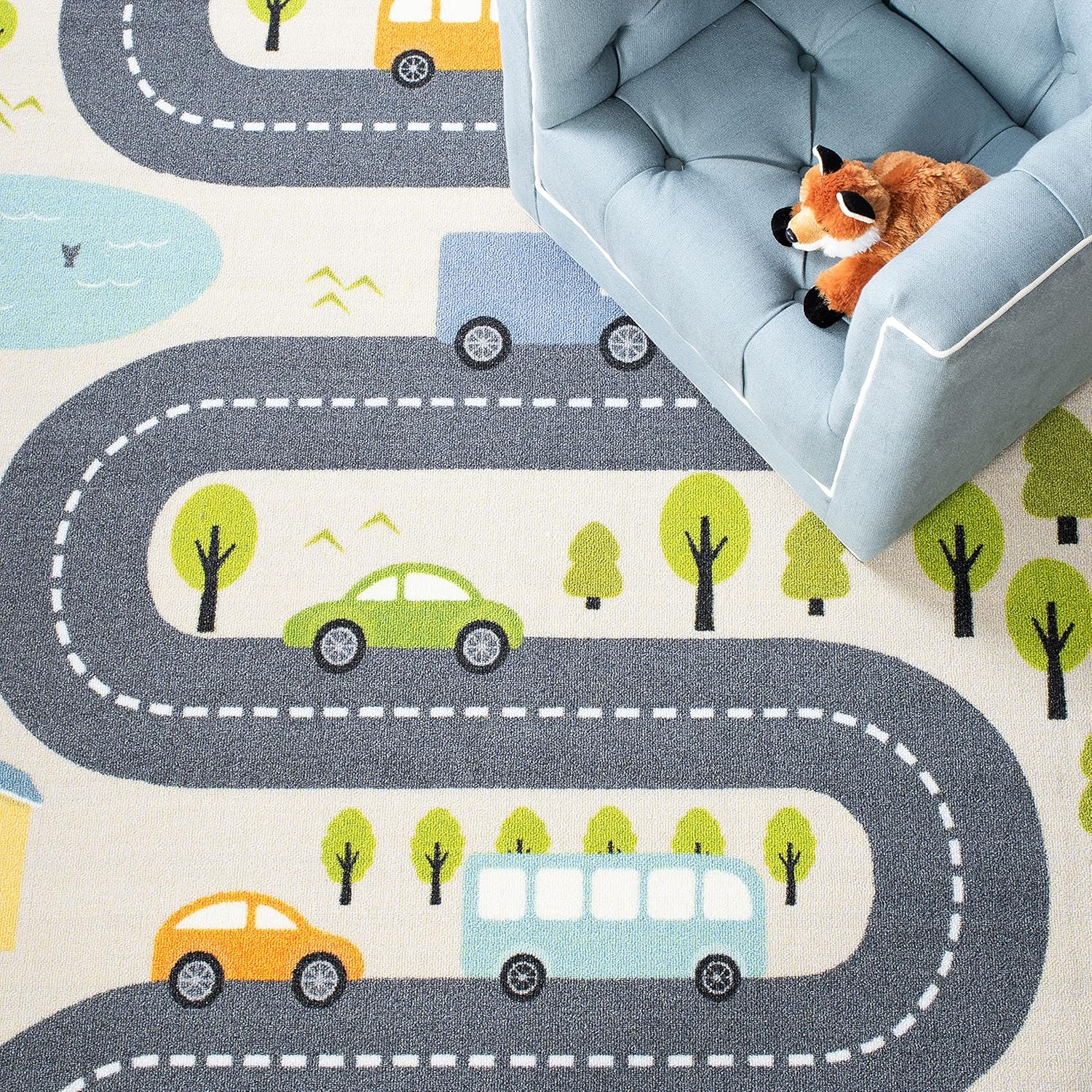 SAFAVIEH Washable Rug Kids Playhouse Collection - 4'4" x 6', Beige & Green, Slip Resistant & Easy to Clean, Ideal for Kids Room, Playroom, Nursery, Boys & Girls Room (KPH227A)