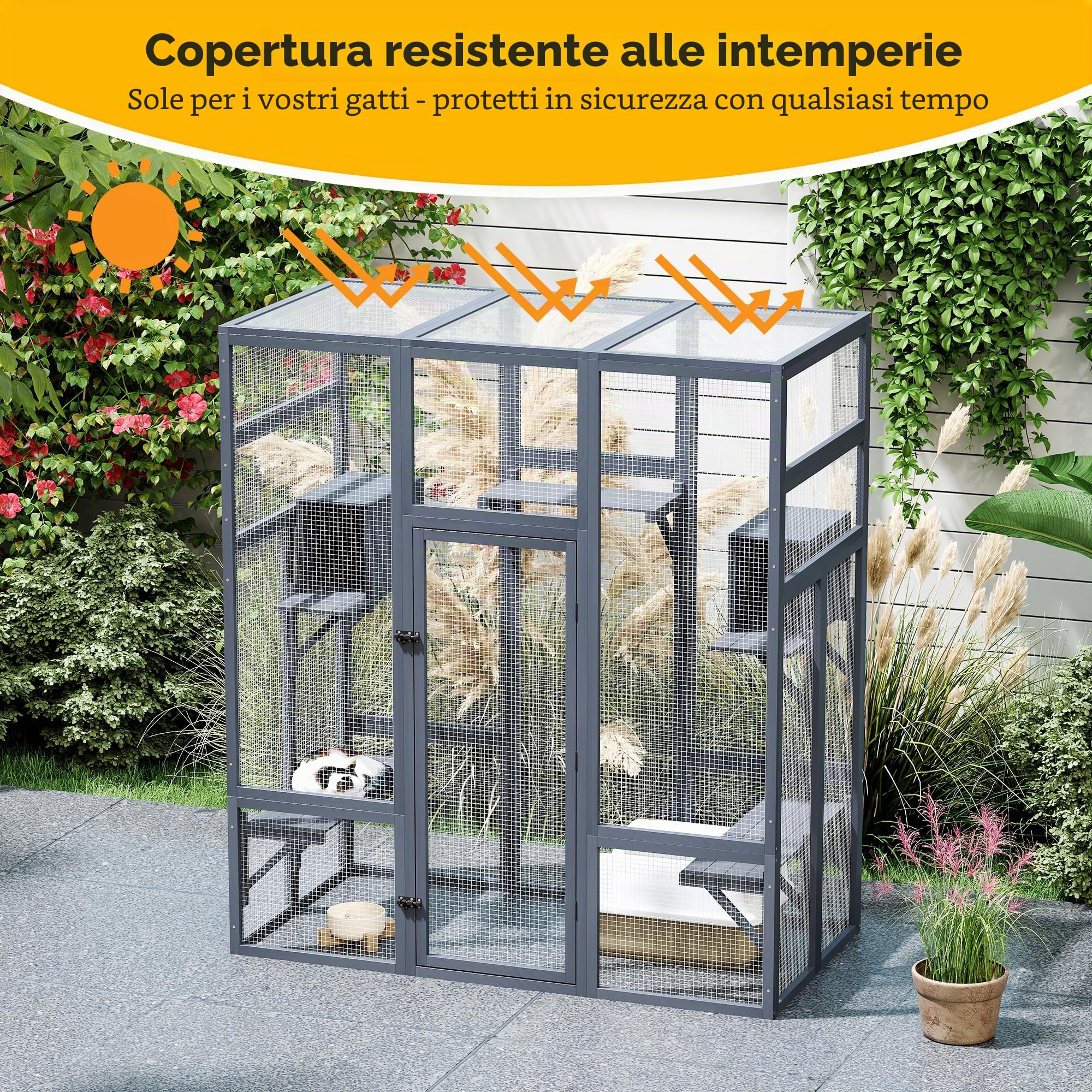 Catio - Recinzione per gatti per esterni, grande recinto per gatti, 159 x 82 x 178 cm, Kitty Haus, casa per gatti con ponti, passeggiate, piccole case, copertura del tetto (grigio scuro)