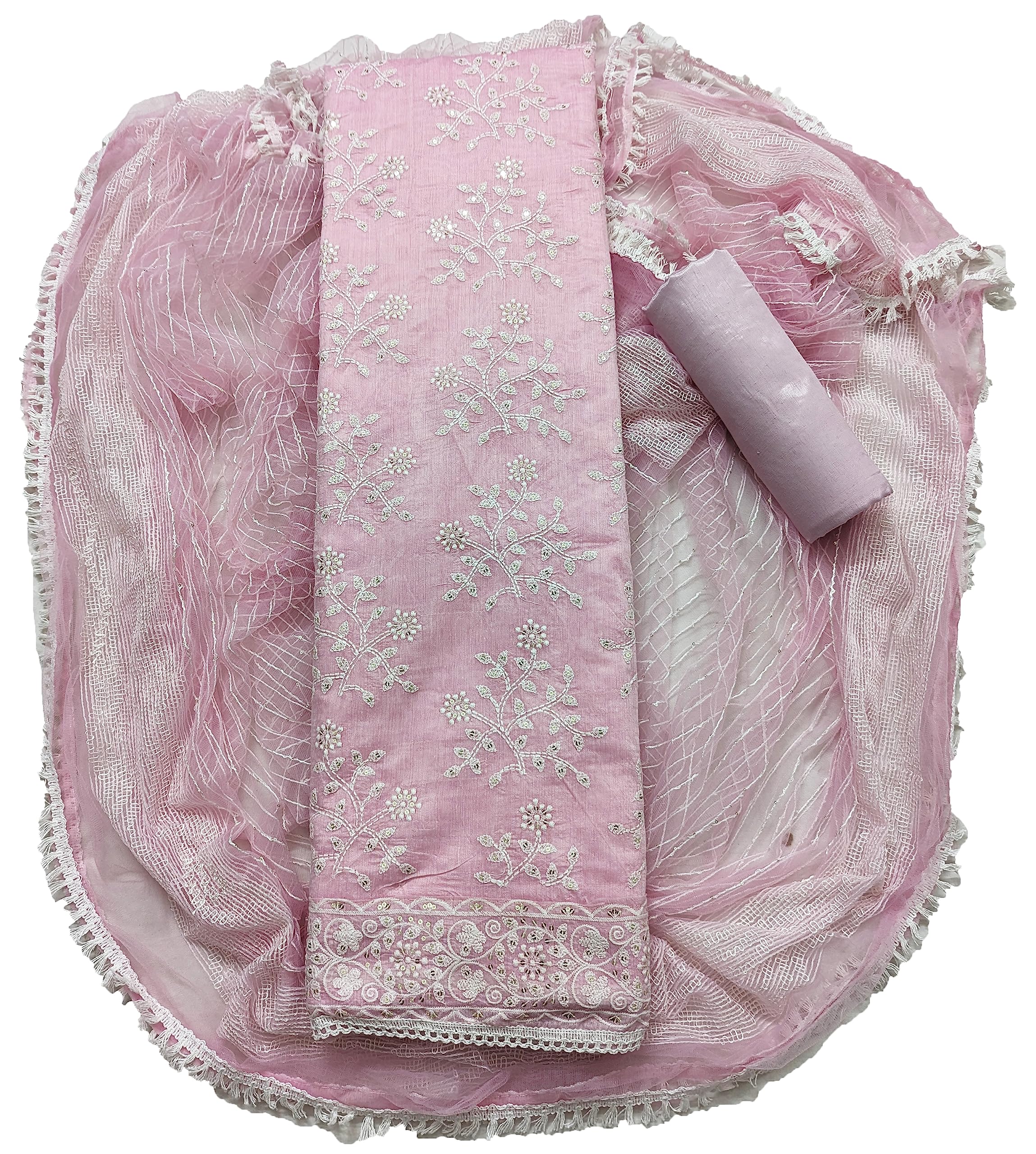 AAHIRA Women Cotton Chanderi Unstitched Salwar Suit Dress Material Lucknowi Embroidery With Net Dupatta(Free Size)