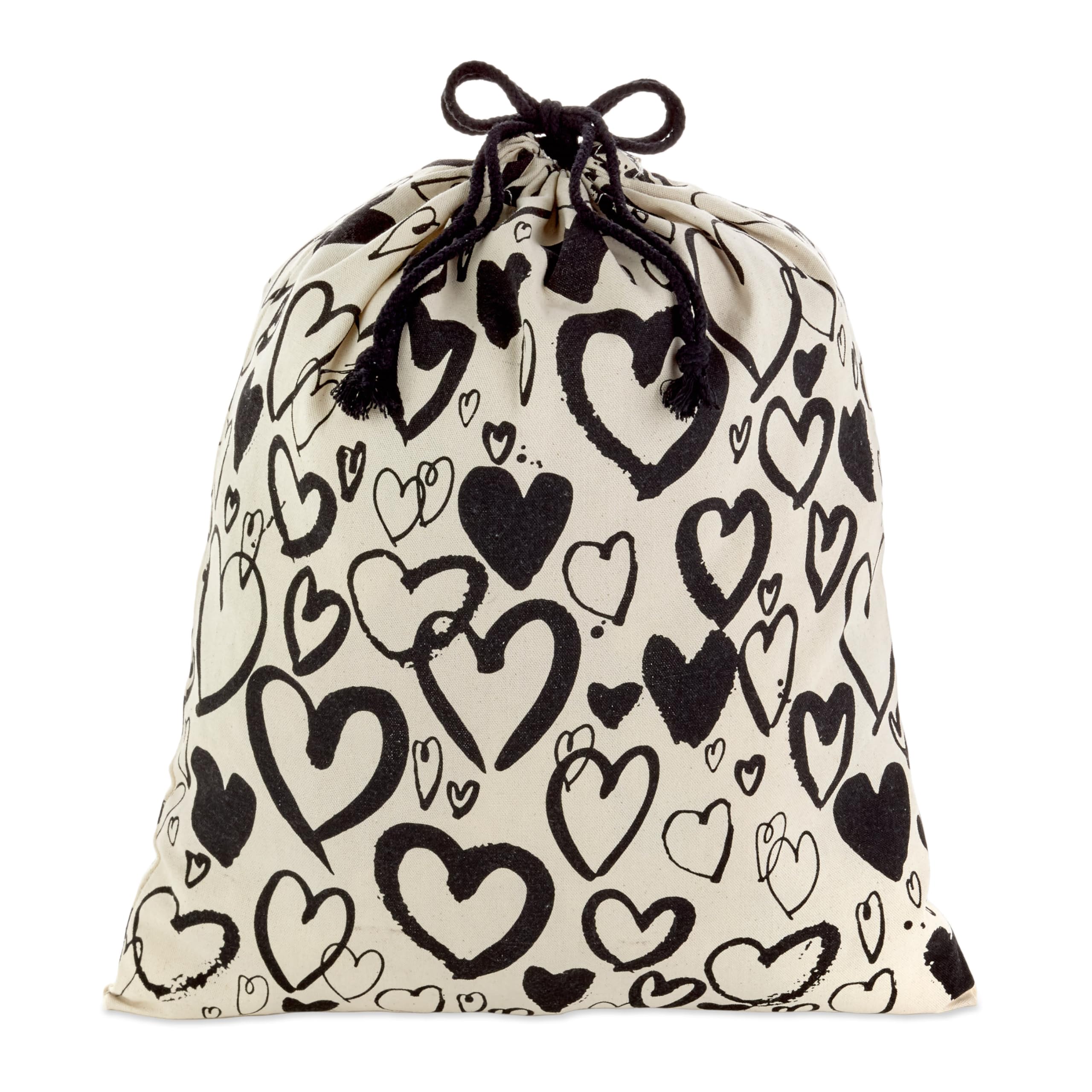 Hallmark 22" Extra Large Canvas Bag with Drawstring (Ivory with Black Hearts) for Valentines Day, Weddings, Bridal Showers, Anniversary and More