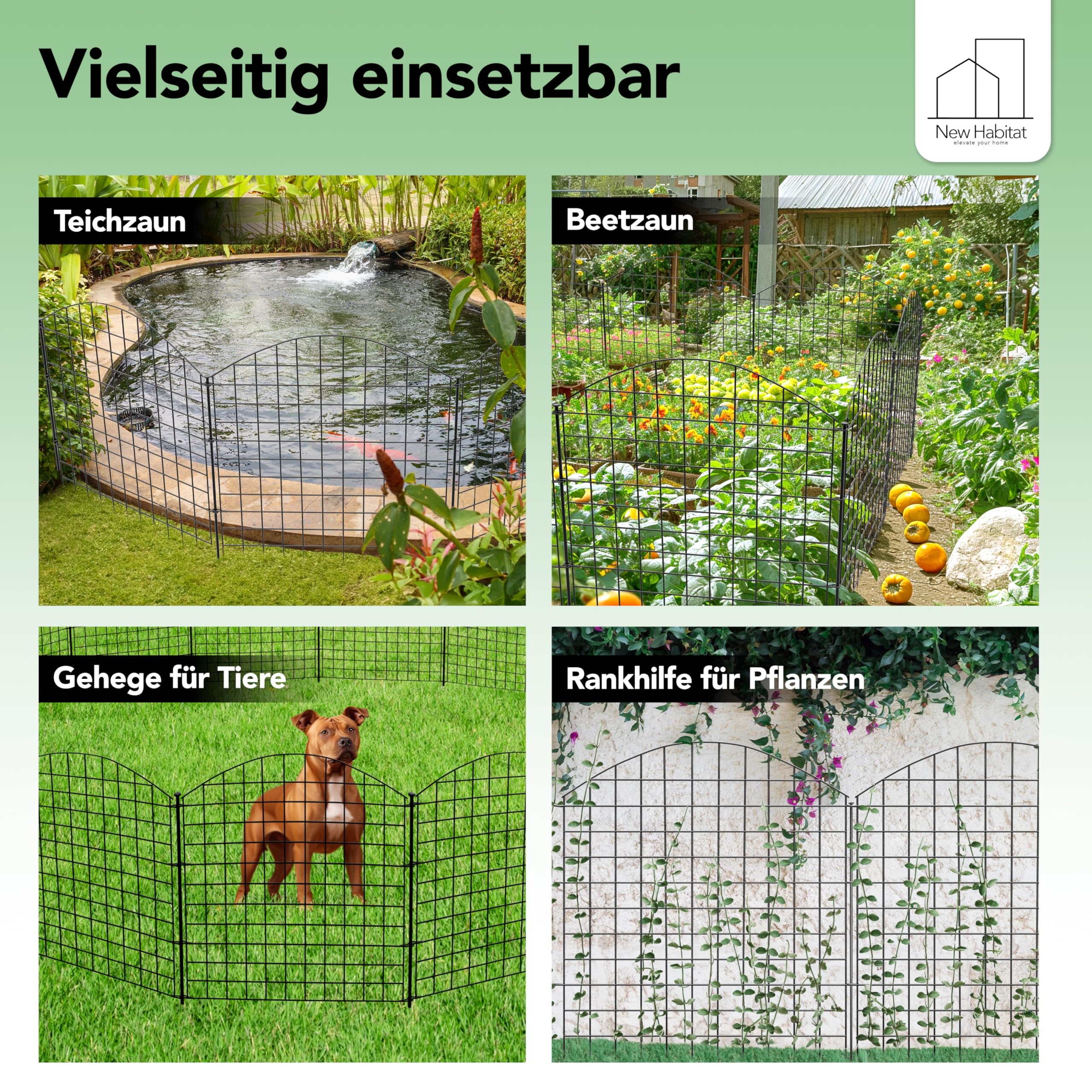 NewHabitat | 10x Teichzaun Steckzaun aus Metall, Anthrazit, 78cm - Erweiterbares Zaunset für Garten, Teich, Pool und Tiergehege