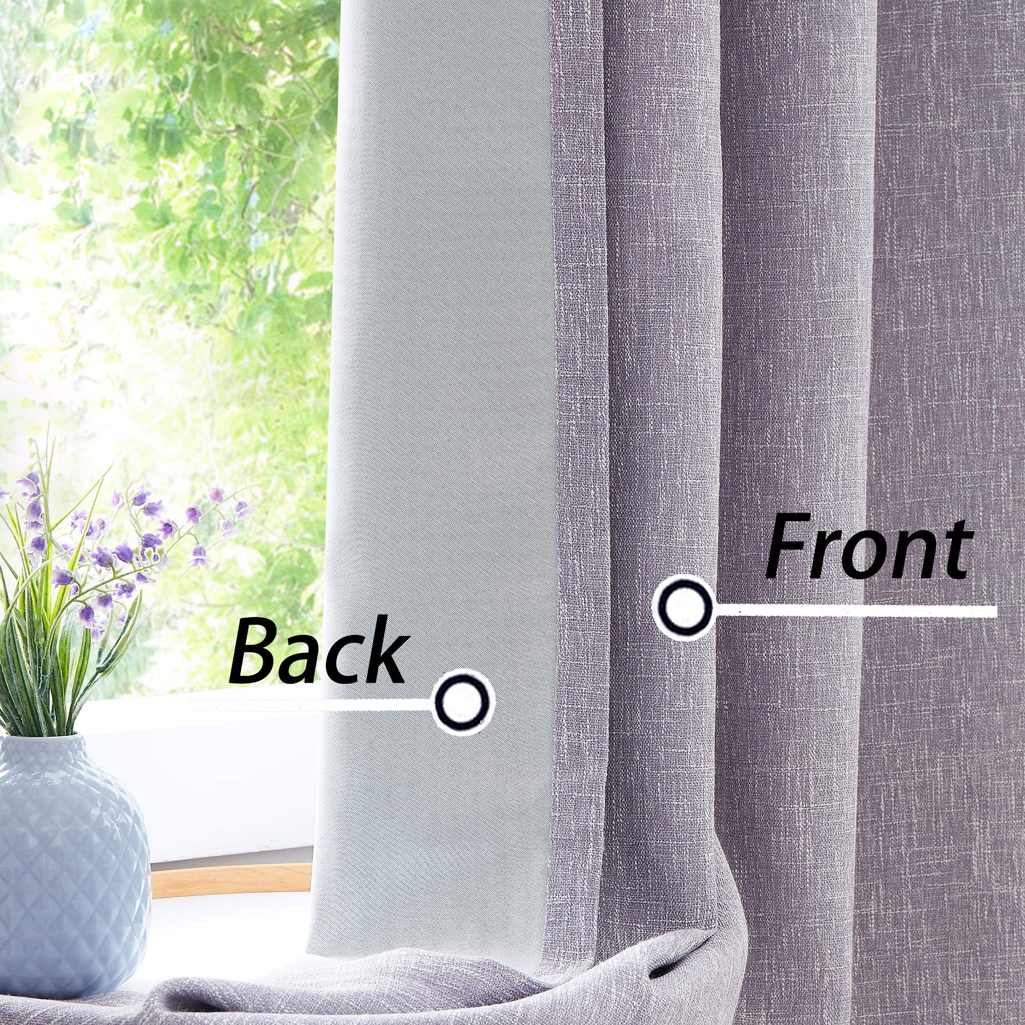 Lavender Solid Full Blackout Curtain Heavy Linen Texture Room Darkening Window Treatment for Bedroom Noise Reducing Drapes 8 Grommets Top for Living Room with Gray Liner, Liliac, 50" x 84", 2 Panels