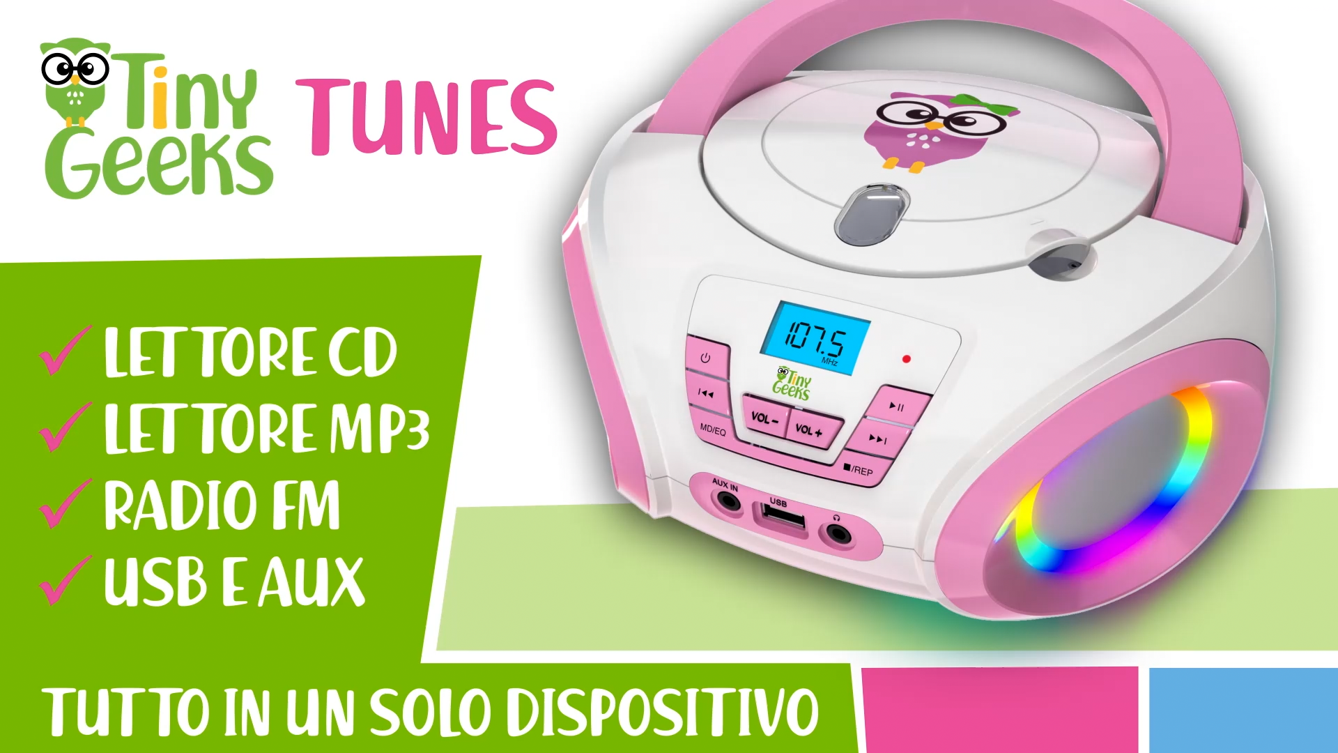TinyGeeks Tunes Lettore CD Bambini | Radio FM + Luci RGB Regalo Divertente - Foto 10