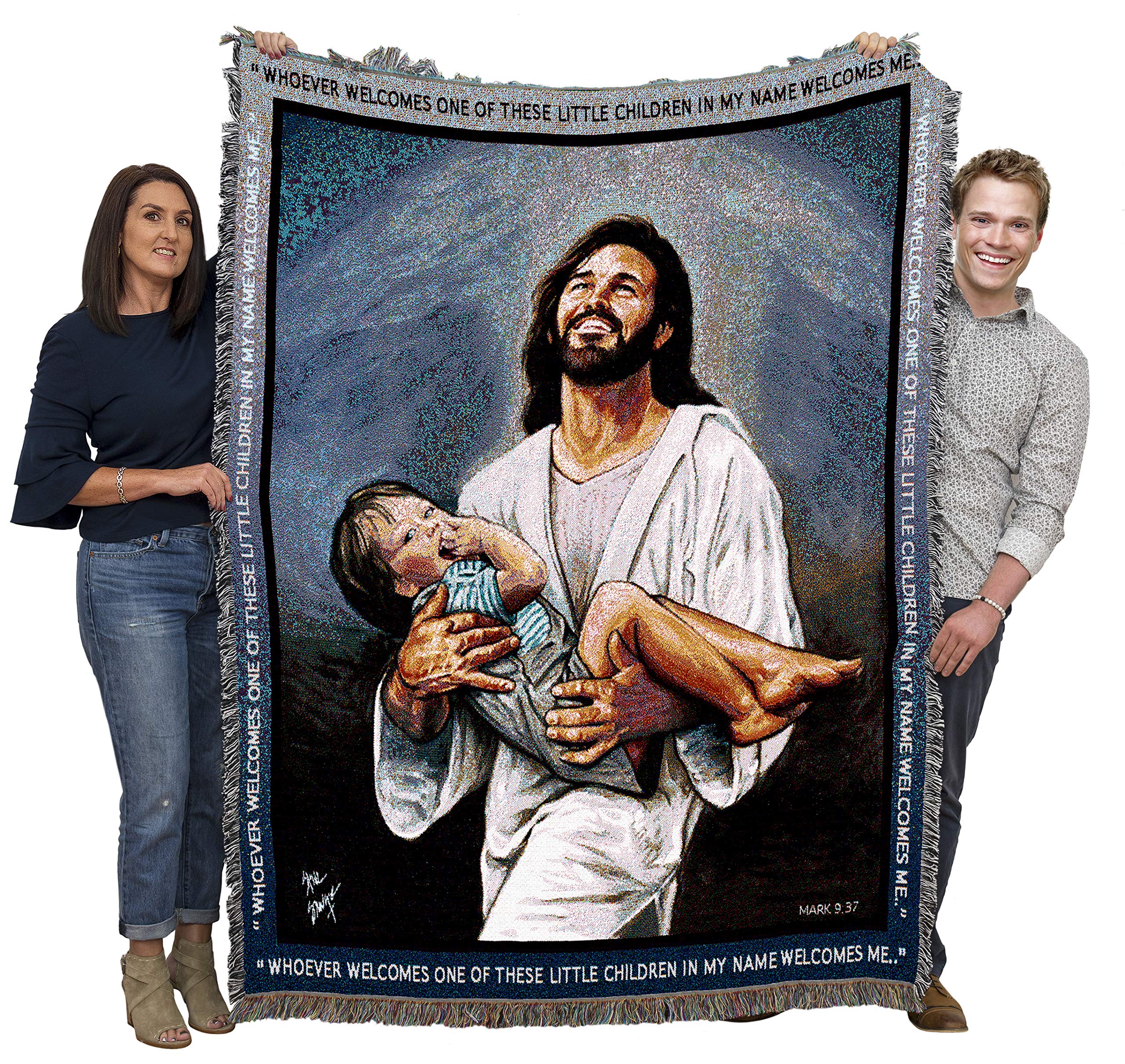 Ian Blanket by Stephen Sawyer - Whoever Welcomes One Of These Children In My Name Welcomes Me - Scriptures - Mark 9:37 - Religious Gift Tapestry Throw Woven from Cotton - Made in the USA (72x54)