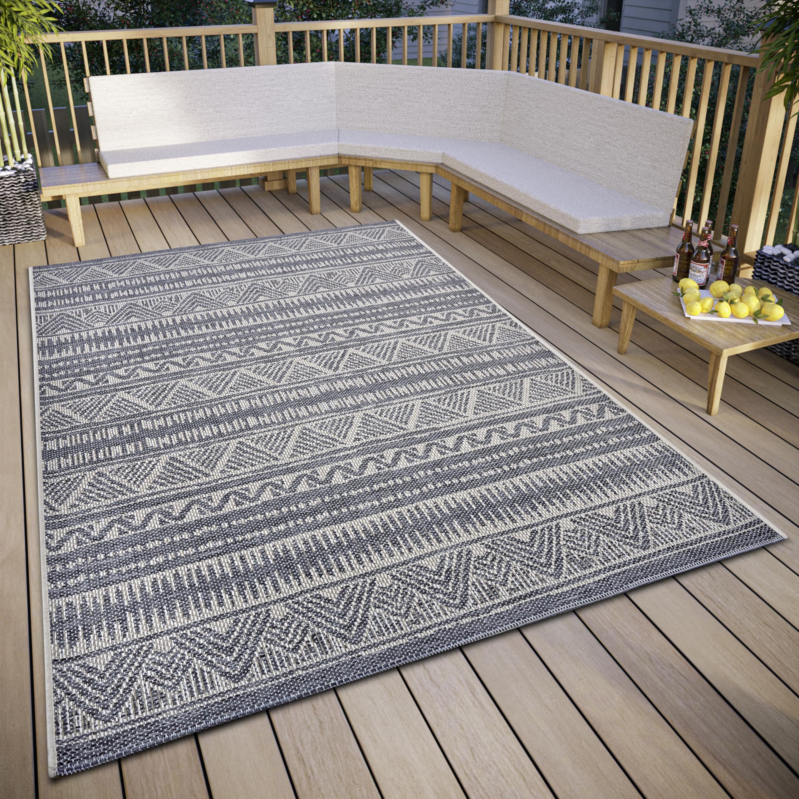 Hanse Home Loto Outdoor Rug Weatherproof - Modern Boho Ethnic Pattern Waterproof, Robust Outdoor Rug Flat Weave for Garden, Balcony, Patio, Living Room - Beige, 115 x 170 cm