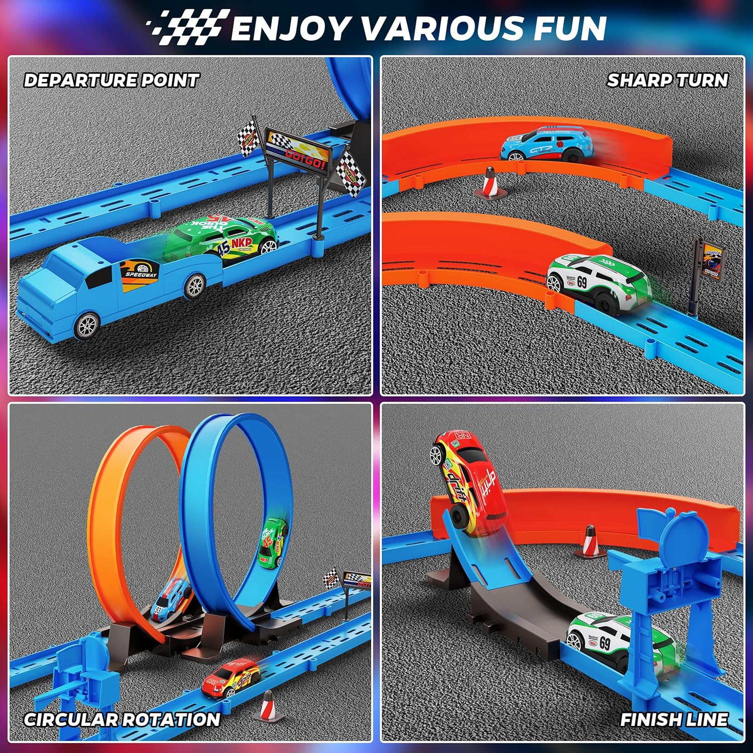 ‌Slot Car Race Track Sets with 360° Thrill Loops & 4 High-Speed Cars, 64 Pcs Large Flexible Racing Track for Kids Ages 3-5 4-8 8-12, Race Car Toys Gift for Boys Girls Birthday Christmas