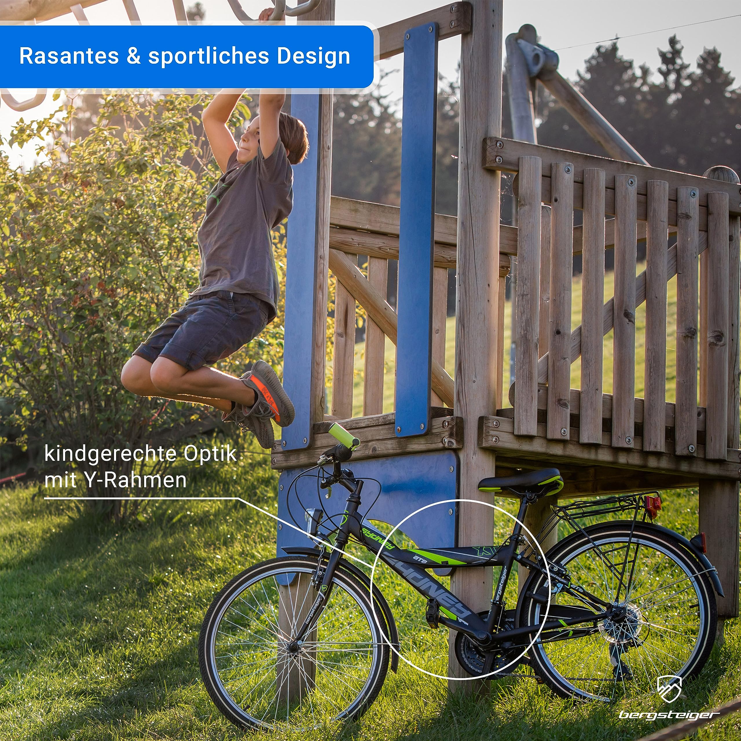 Bergsteiger Sydney 20/24 Zoll Kinderfahrrad Mountainbike mit Dynamo Licht | Sicherer Schulweg ab 115 cm Körpergröße nach StVZO. Mit Shimano Tourney Schaltung, V-Brakes und zu 90 Prozent vormontiert.