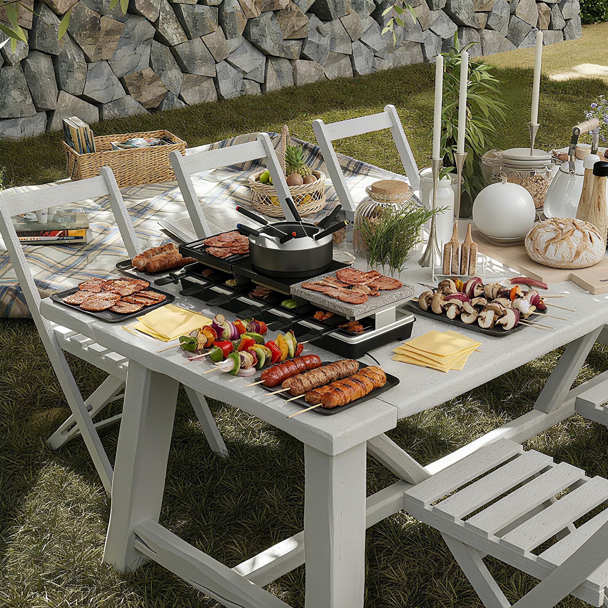 UISEBRT Raclette Grill per 12 persone, macchina da raclette 3 in 1 con padella, set per fonduta, pietra calda, 12 padelle e 12 spatole per legno, piastra per raclette antiaderente, 1650 W