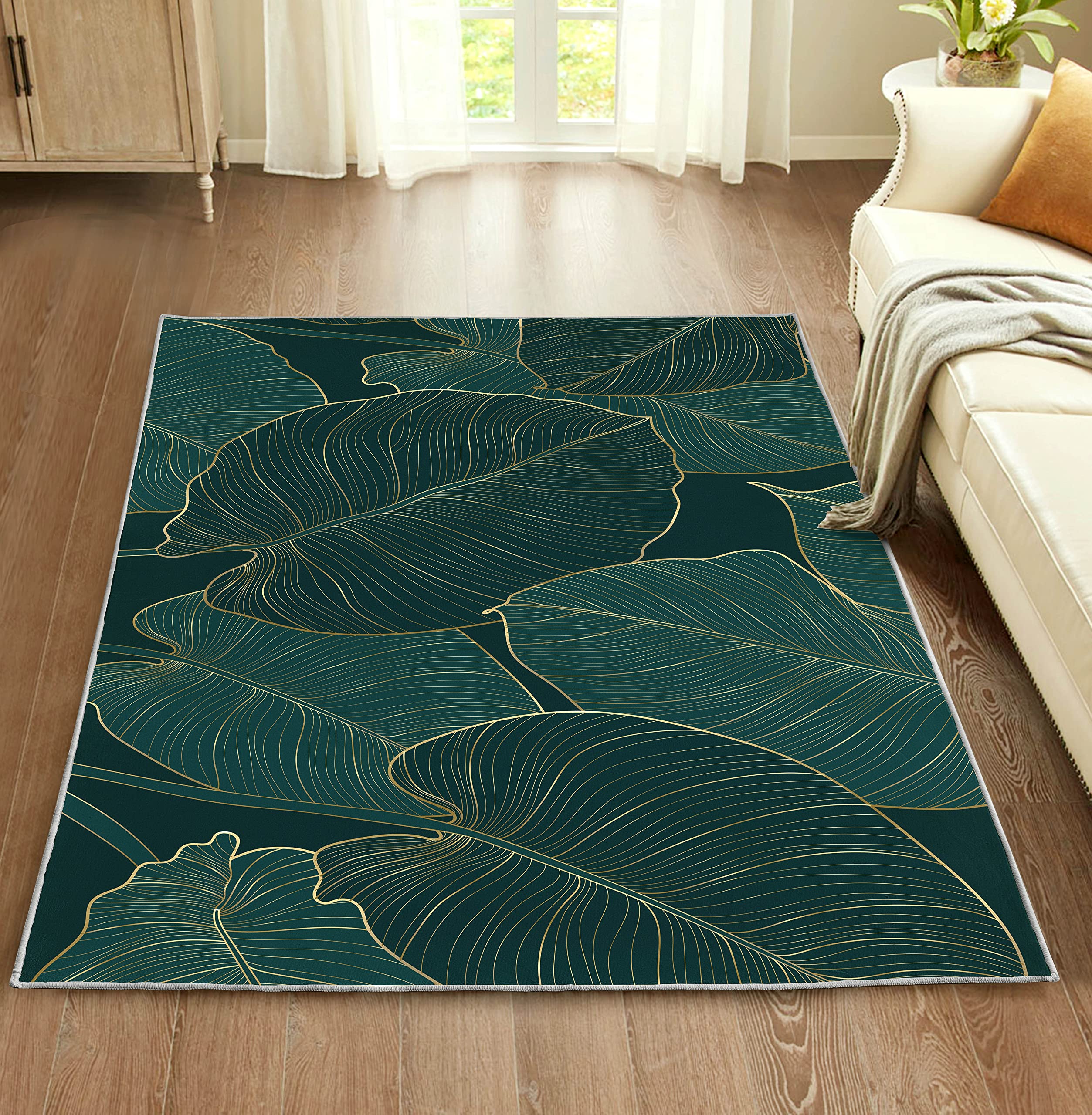 Photo 1 of Green Rug Luxury Gold and Natural Tropical Leaves Area Rugs, Golden Split Palm Leaf Rugs Floor Carpet