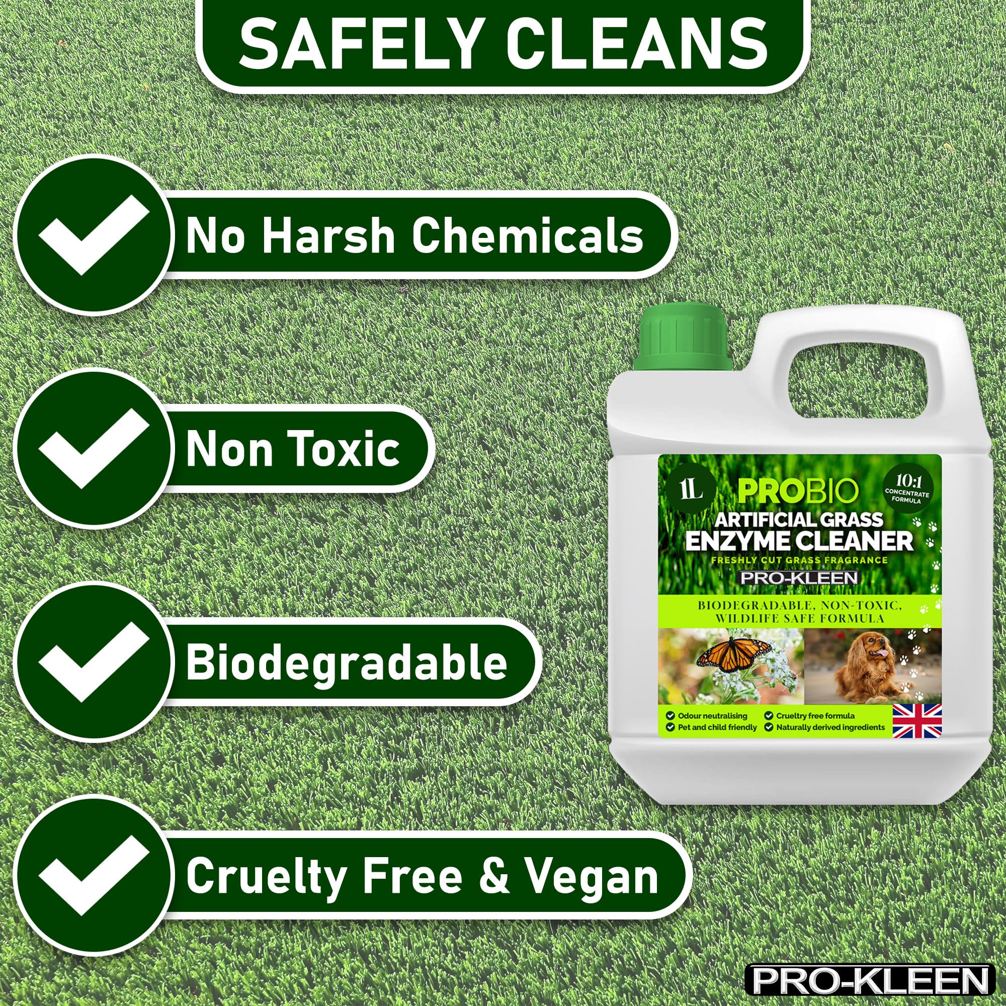 Pro-Kleen ProBio Artificial Grass Cleaner Probiotic Based Deodoriser Odour Eliminator 1L Non-Toxic Cruelty-free Child Pet Friendly. Fresh Cut Grass fragrance. Naturally derived Probiotic Cleaning - Image 3