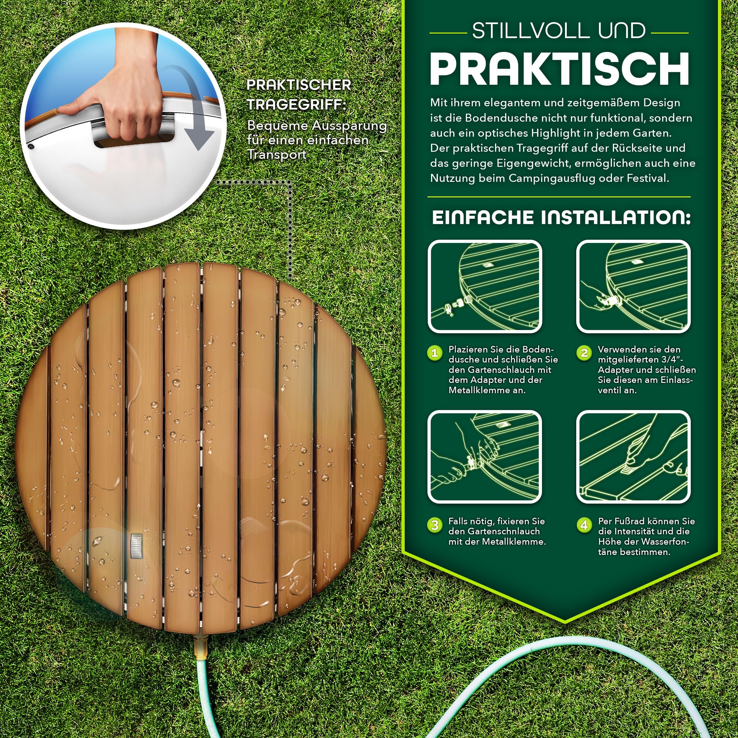tillvex® Gartendusche Outdoor bis 4 m Fontänenhöhe | Bodendusche rund mit Fußrad | Außendusche rutschfest | Saunadusche wetterfest | Campingdusche aus Aluminium/WPC/Holzoptik
