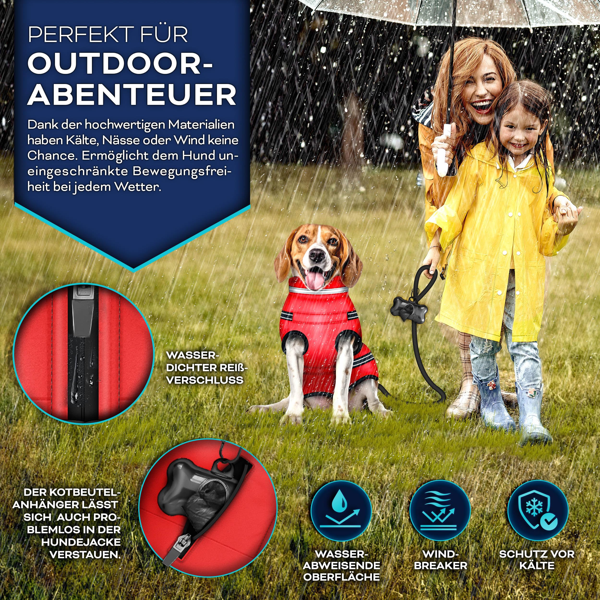 TRESKO® Hundejacke Winter mit Reflektoren mit 15 Stück Kotbeutel + Spender | Hunderegenmantel wasserdicht | Hundemantel mit Geschirr | Hunde Winterweste gefüttert für kleine, mittelgroße und große Hunde