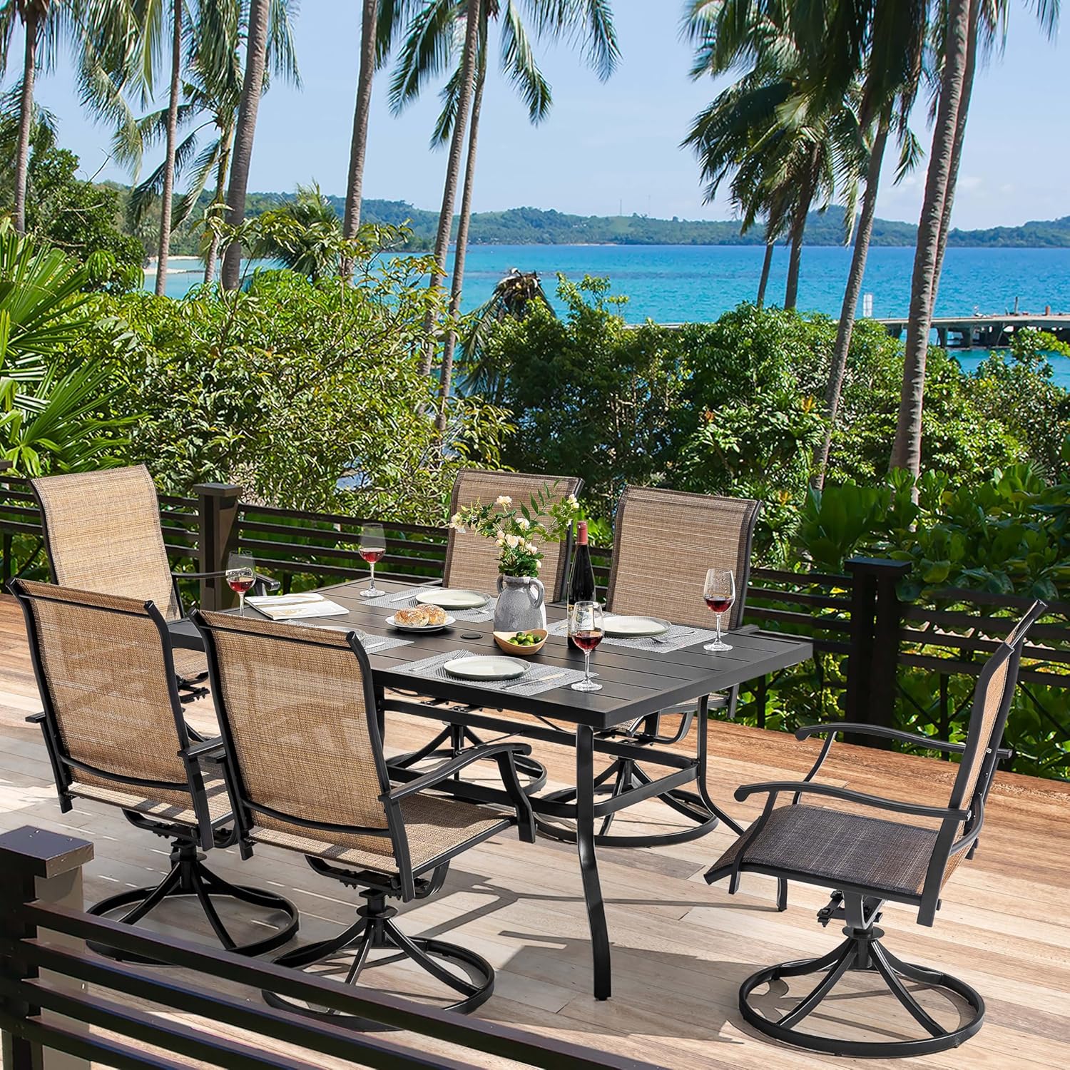 NUU GARDEN 7 Piece Outdoor Dining Set, 6 Swivel Patio Chairs and 1 Dining Table with 1.57 Inch Umbrella Hole, Iron Patio Furniture Set for Lawn Backyard Balcony, Black and Brown