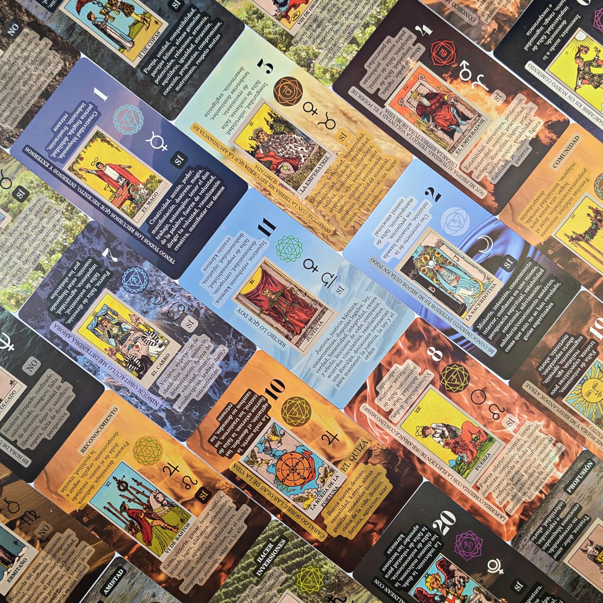 Witchy Cauldron Cartas de Tarot en Español para Principiantes, Baraja Rider Waite de 78 Cartas con Significado, Palabras Clave, Chakra, Planeta, Afirmación, Invertido, Zodíaco