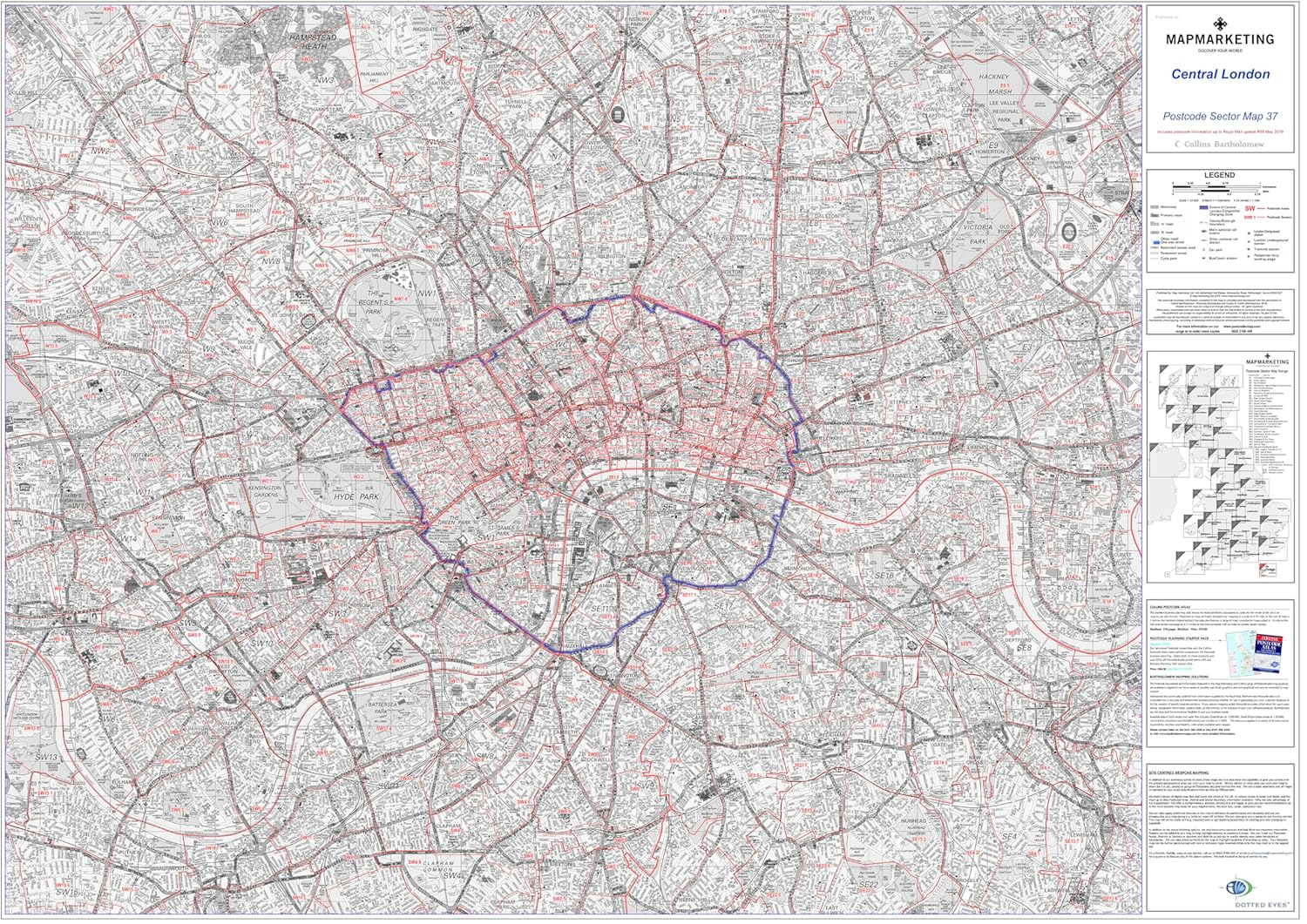 Central London - Postcode Sector Map 37 - Wall Map With Motorway, A ...