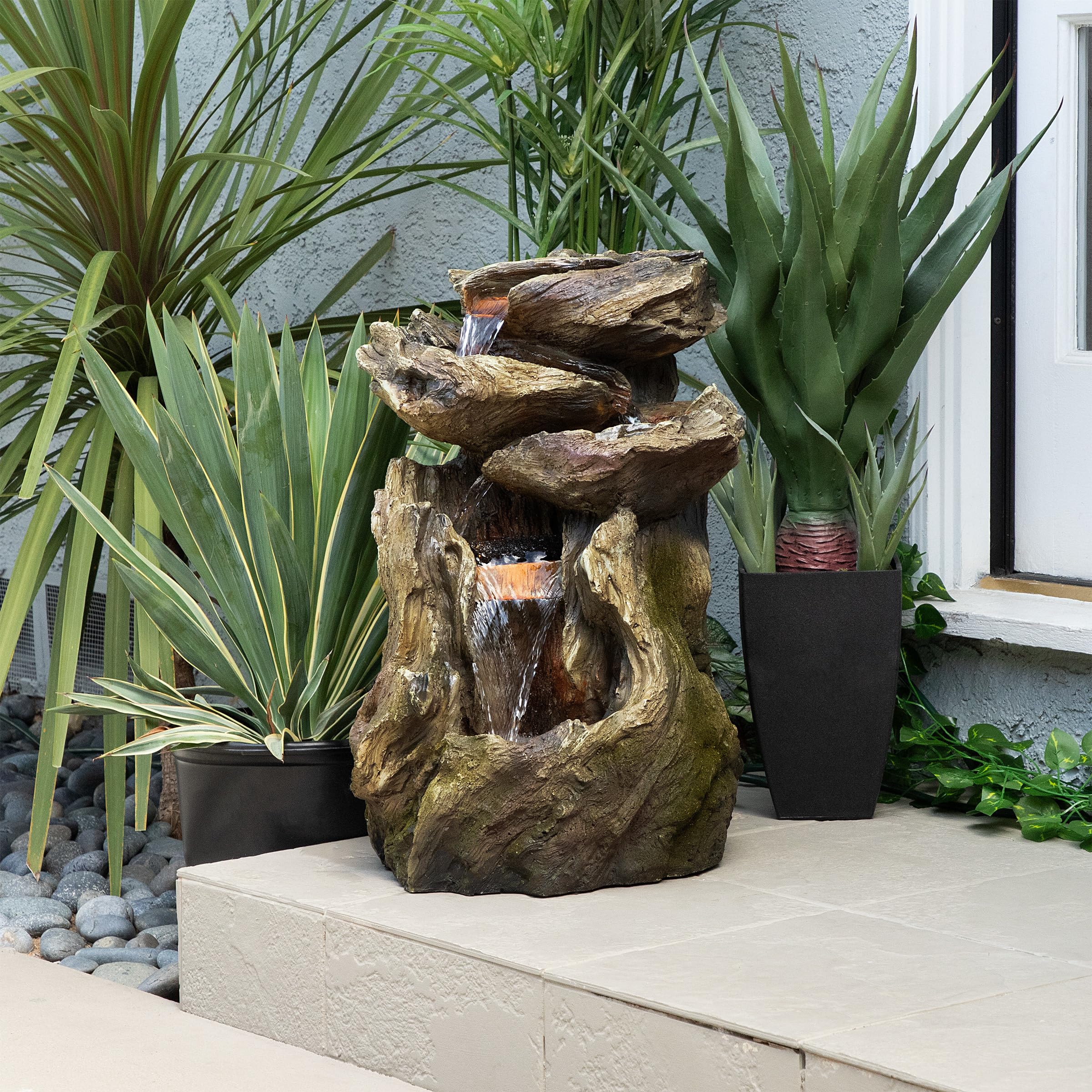Photo 1 of **STOCK PHOTO FOR REFERENCE ONLY**
Alpine Corporation Log Fountain with LED Lights, 5-Tier Waterfall Garden Fountain Brown Rainforest 14" L