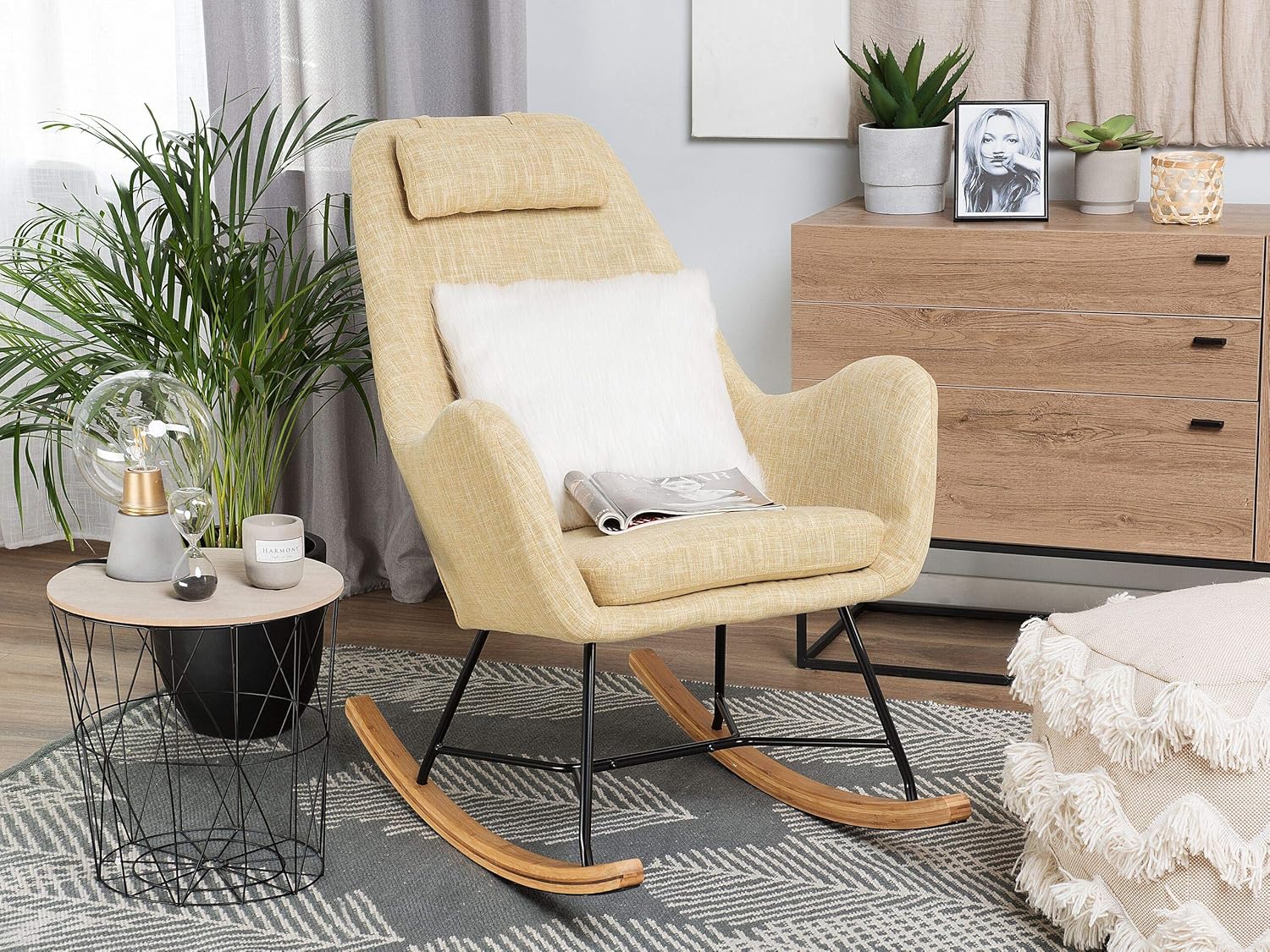 Beliani Modern Transitional Comfy Fabric Rocking Chair Wooden Skates Yellow Arrie Beliani Amazoncouk Home Kitchen