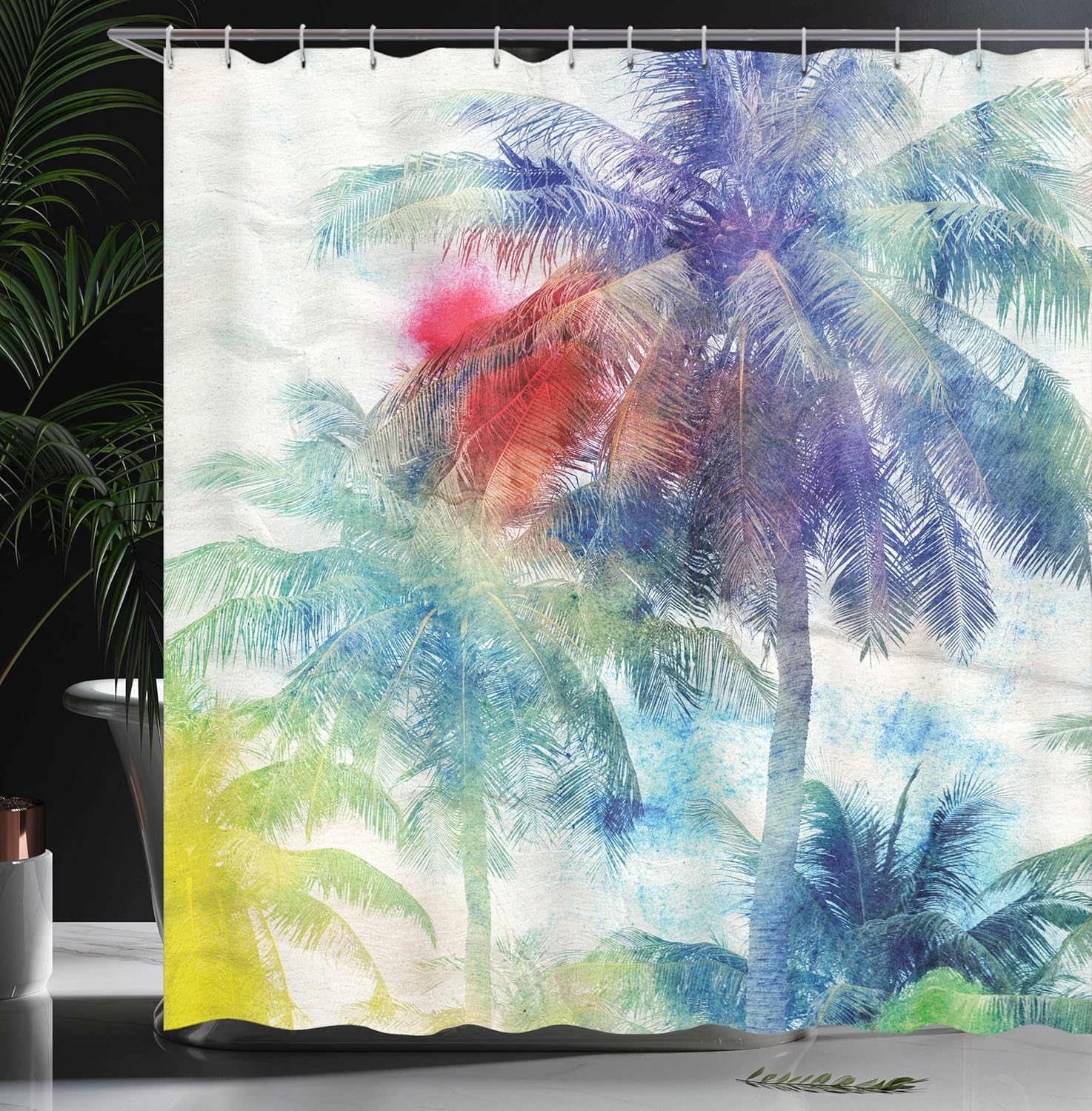 Ambesonne Palm Tree Decor Shower Curtain, Retro Watercolor Silhouettes of Palm Trees Stains on Picture Tropical Paradise Theme, Fabric Bathroom Decor Set with Hooks, 75 Inches Long,