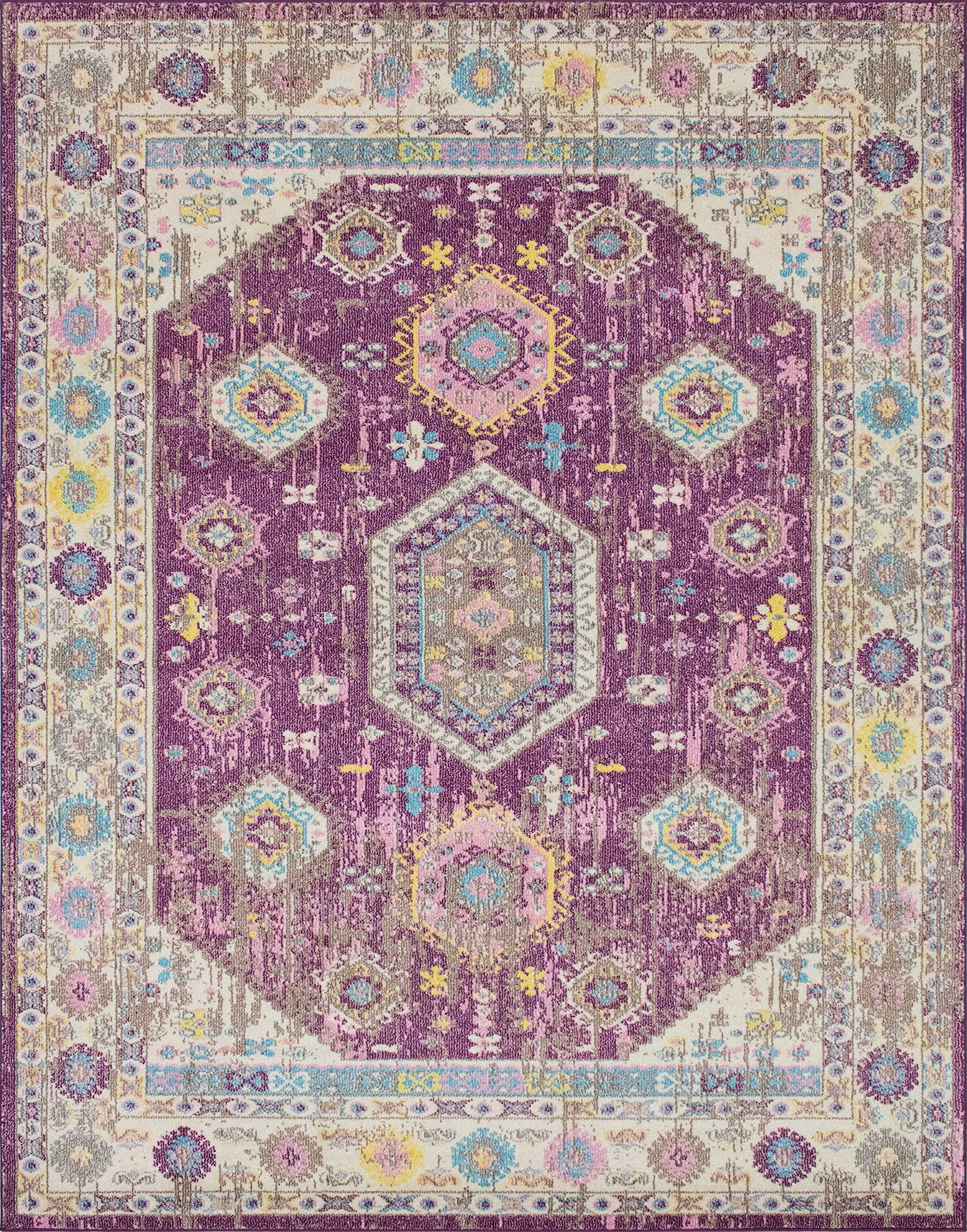 Noori Rug - Premium & Luxury Imported - Sapphire Francisca Machine Made Medium Pile Oriental - Rectangle - Purple - Ivory - 5'3" x 8'0", Bedroom, Living Room