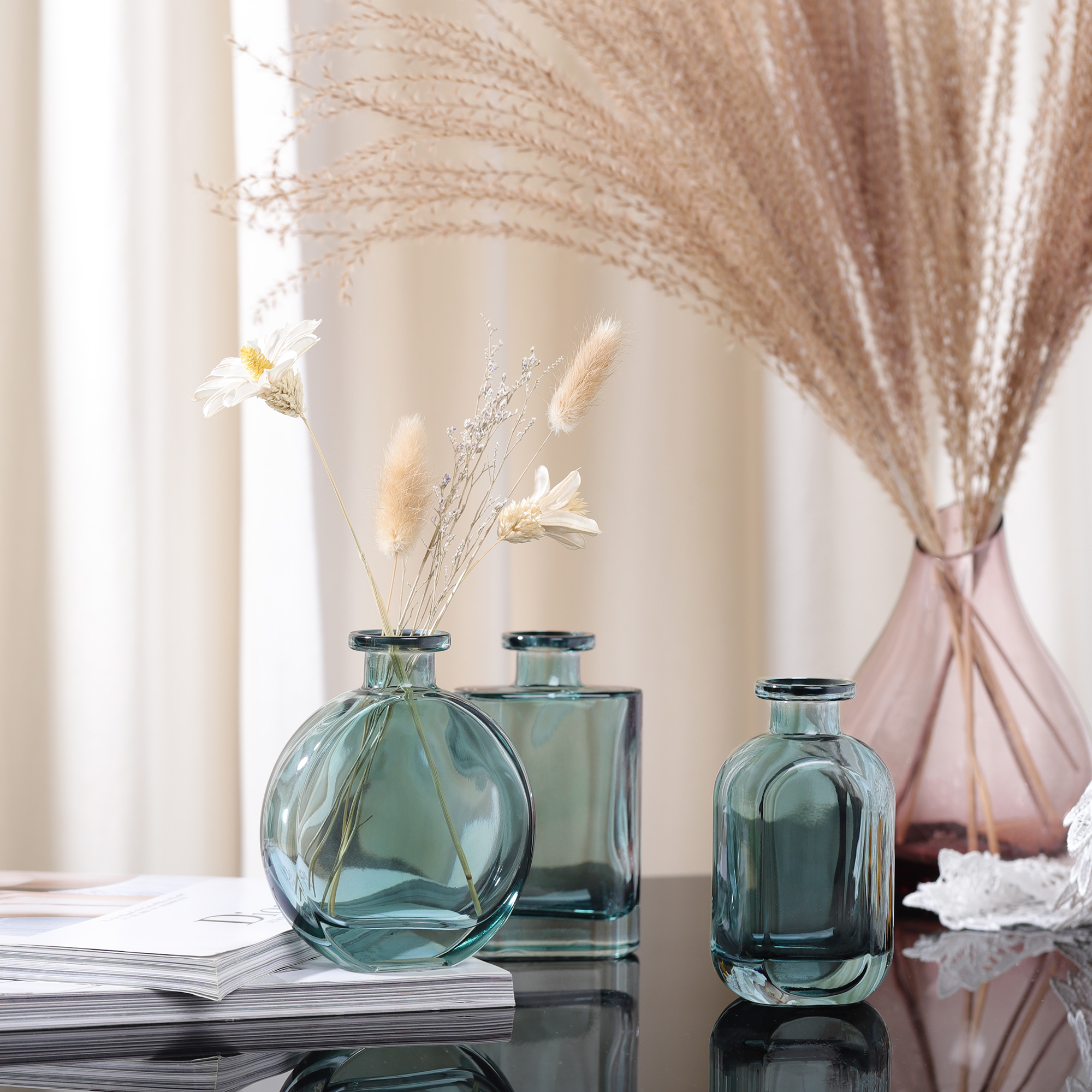 PlivBloom Teal glazen vaas, handgeblazen groene glazen bloemenvazen bulk, Murano glazen vazen, uniek tafelglas decor, bloemen met vaas decoratief, groenblauw vaas decor, voor boekenkast, woonkamer