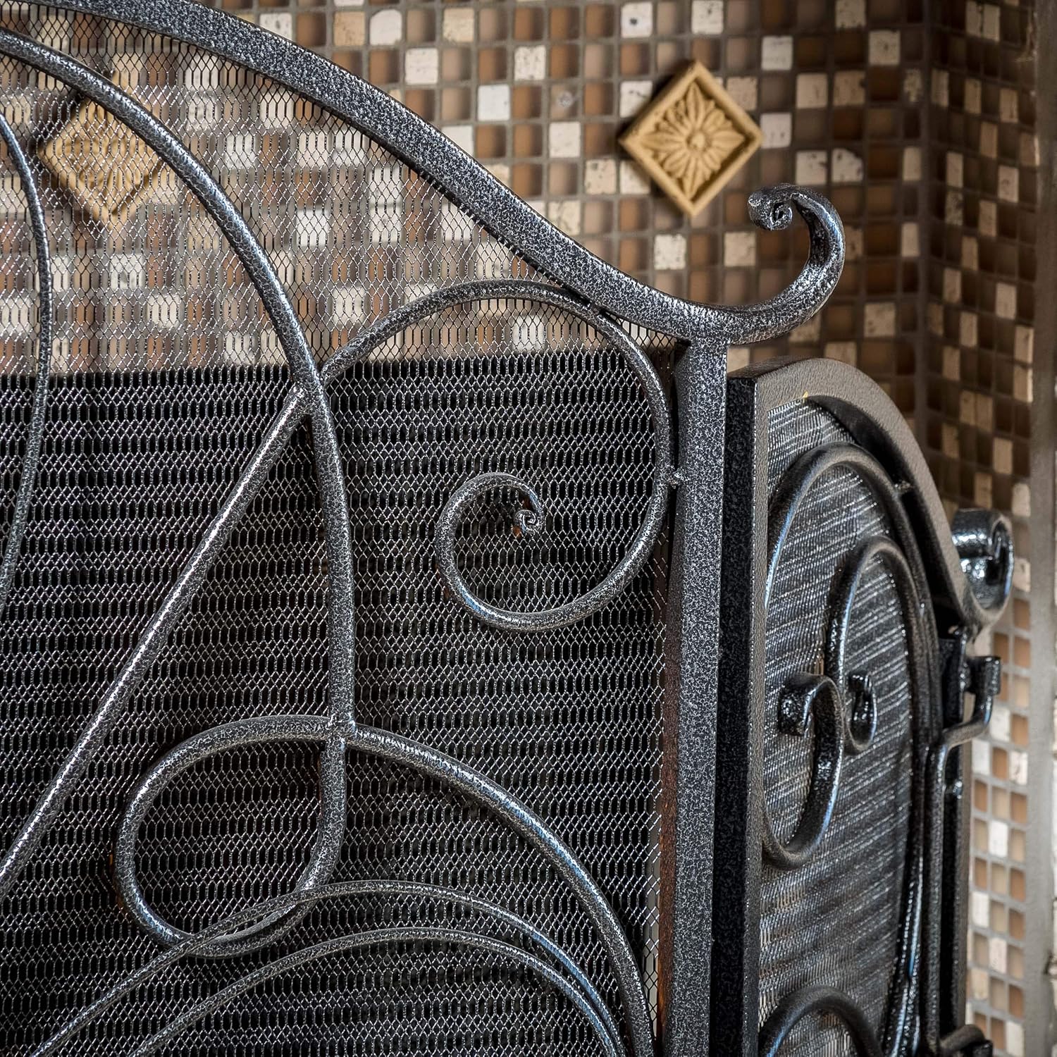 Ornate Black and Silver Iron Three-Panel Fireplace Screen