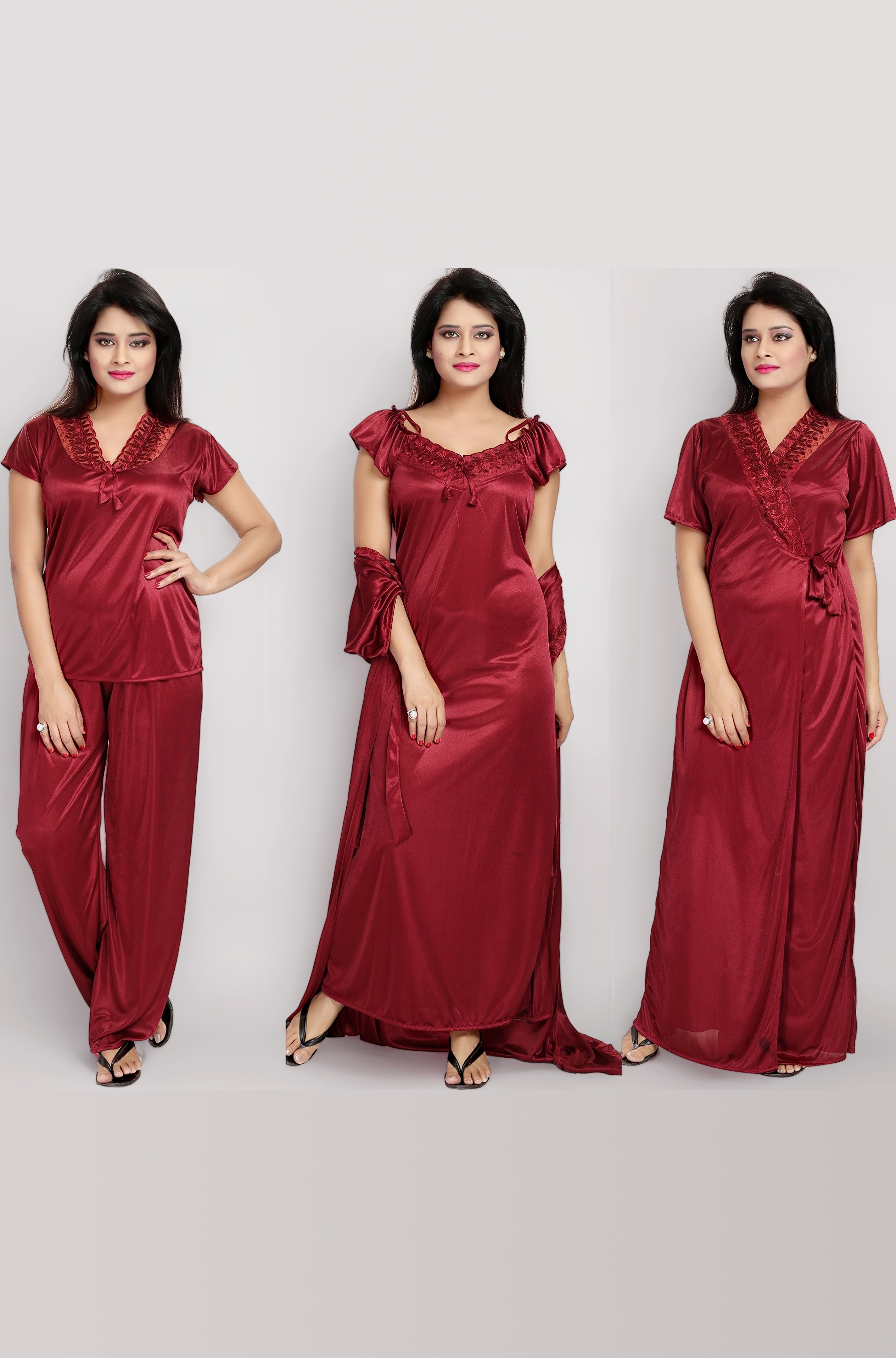 Women's 4 Pc Nighty Set | Satin Nighty | Maxi with Robe | Solid Print | Top with Pajama | Lace work on Neck | Short Sleeves