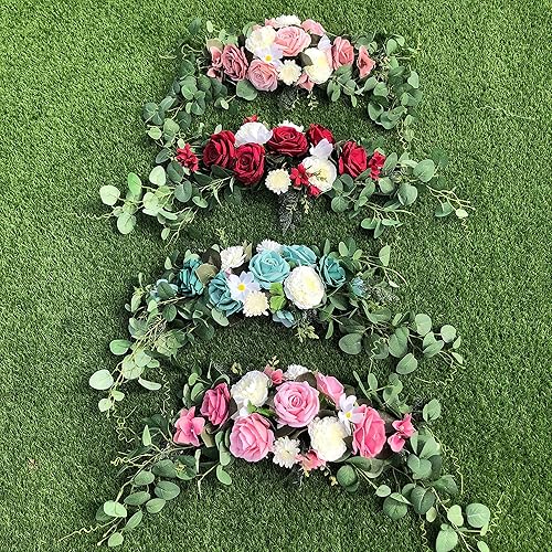 Miniatura 5 de Flores de arco de boda, juego de 3 guirnaldas florales decorativas de rosas blancas, hojas de eucalipto artificiales para cortinas transparentes,