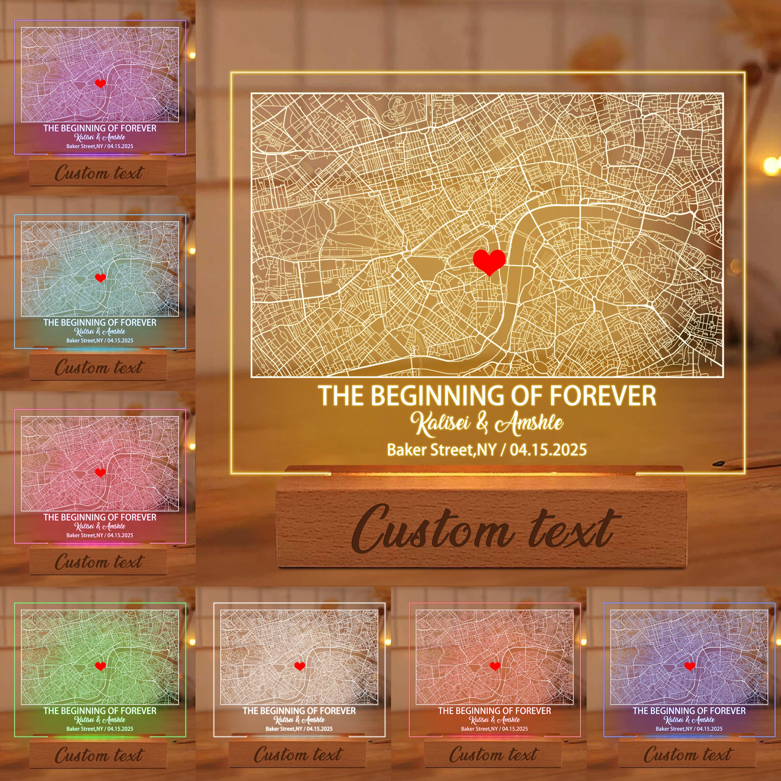 Noonative Style 4 Where We Met Map Plaque With Wooden,Acrylic,Led Light Stand,Personalized Custom Couple Map With Location Date Names,Valentines Day Gift For Wife Husband Girlfriend Boyfriend