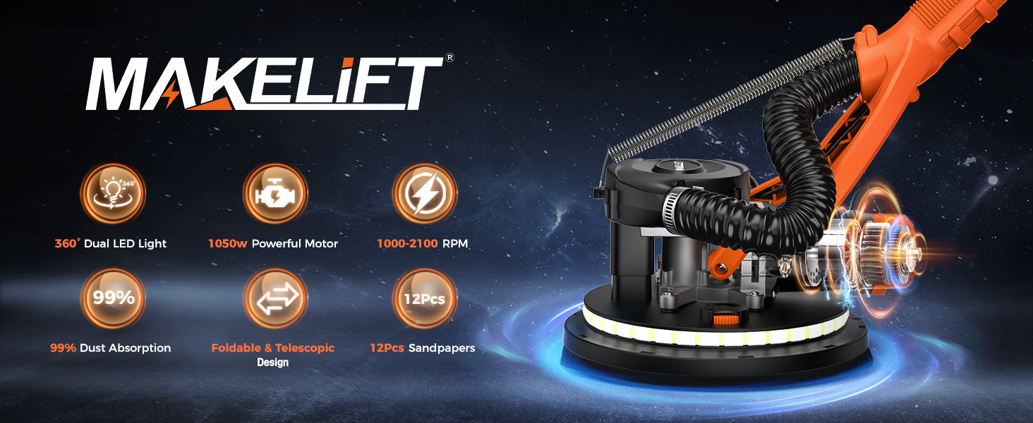MAKELIFT Drywall Sander with Vacuum Dust Collector,1050W 7.33A