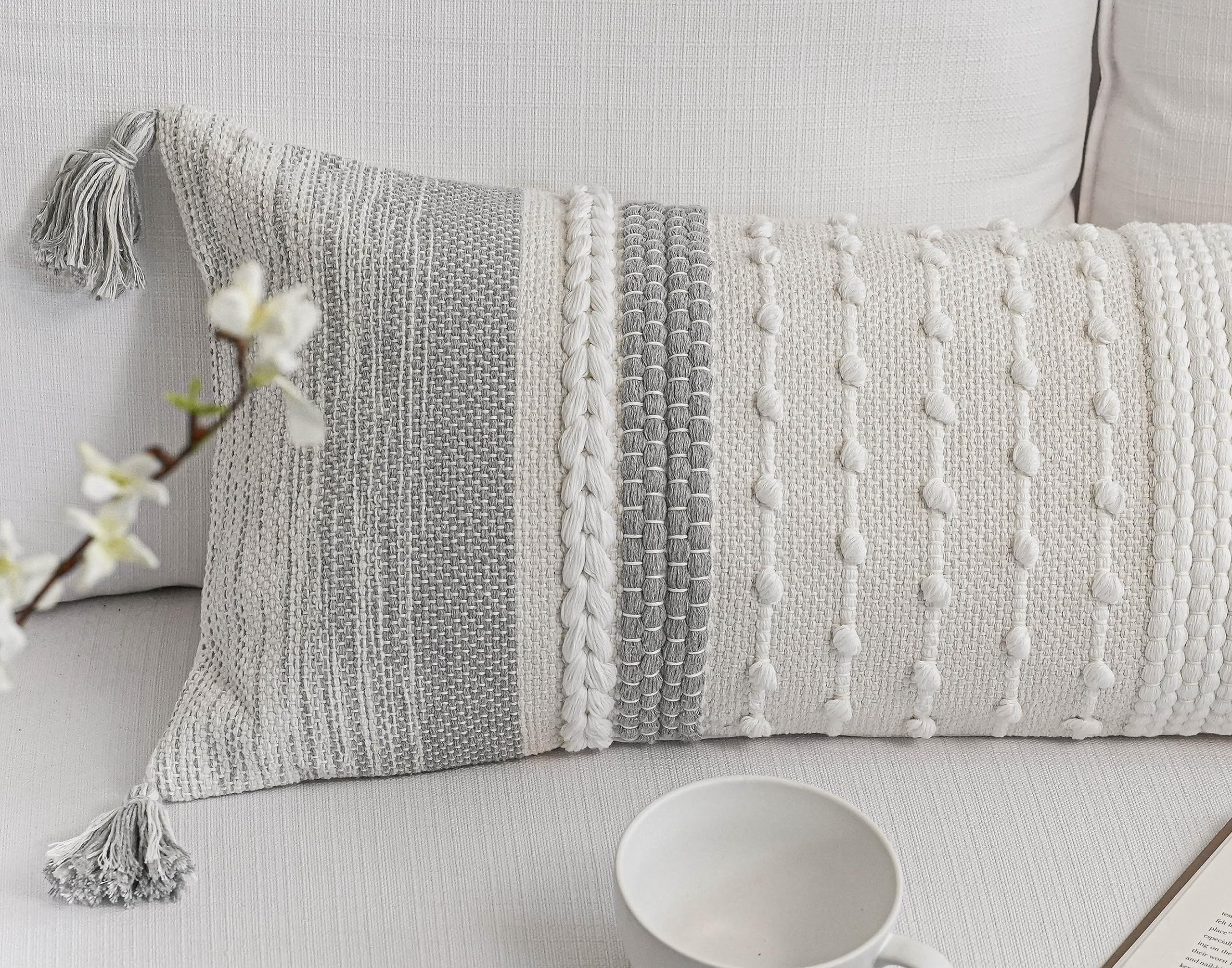 BlissBlush Federa per cuscino lombare decorativa grigia, 35 x 91 cm, stile bohémien, per letto, casa colonica, cuscino lombare per divano, federa moderna testurizzata
