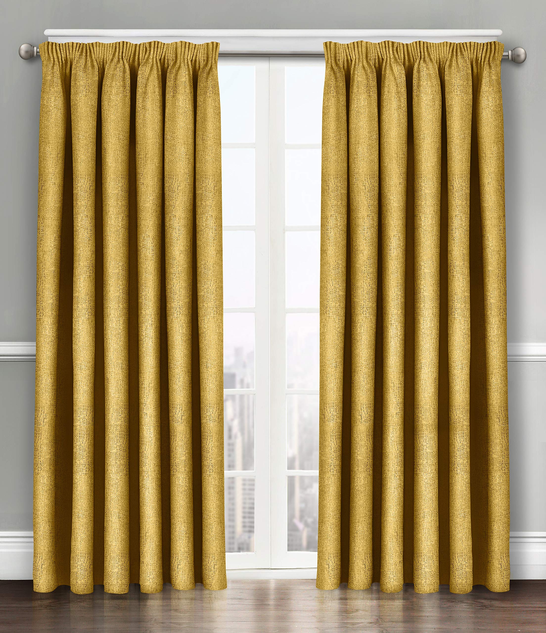 Velosso Mustard / Ochre Soft Thermal Insulated Pencil Pleated Dim Out Curtain Pair - 90% Blackout Embossed Curtains (Mustard/Ochre, 46X54)