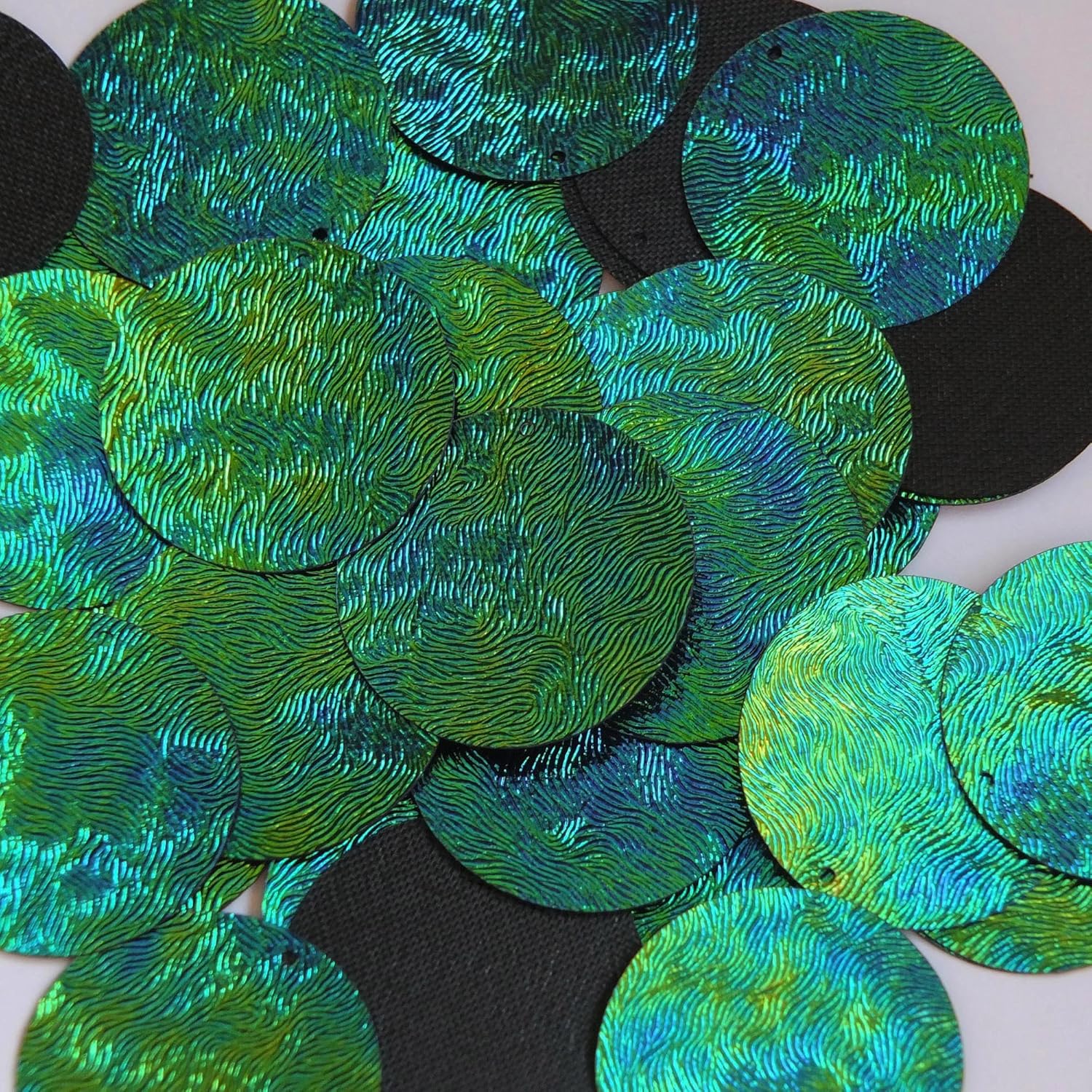 Sequin 30mm Round Van Gogh Starry Night Blue Green Swirl Texture Couture Paillettes. Made in USA. Loose sequins for embroidery, bridal, applique, arts, crafts, and embellishment.