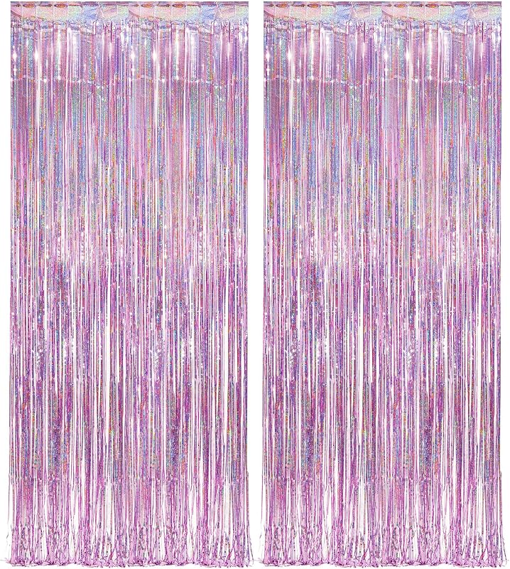 Pink Tinsel Curtain Party Backdrop - GREATRIL Foil Fringe Curtain Lilac Pink Party Streamers for Princess Theme Party Decorations - 2 Packs