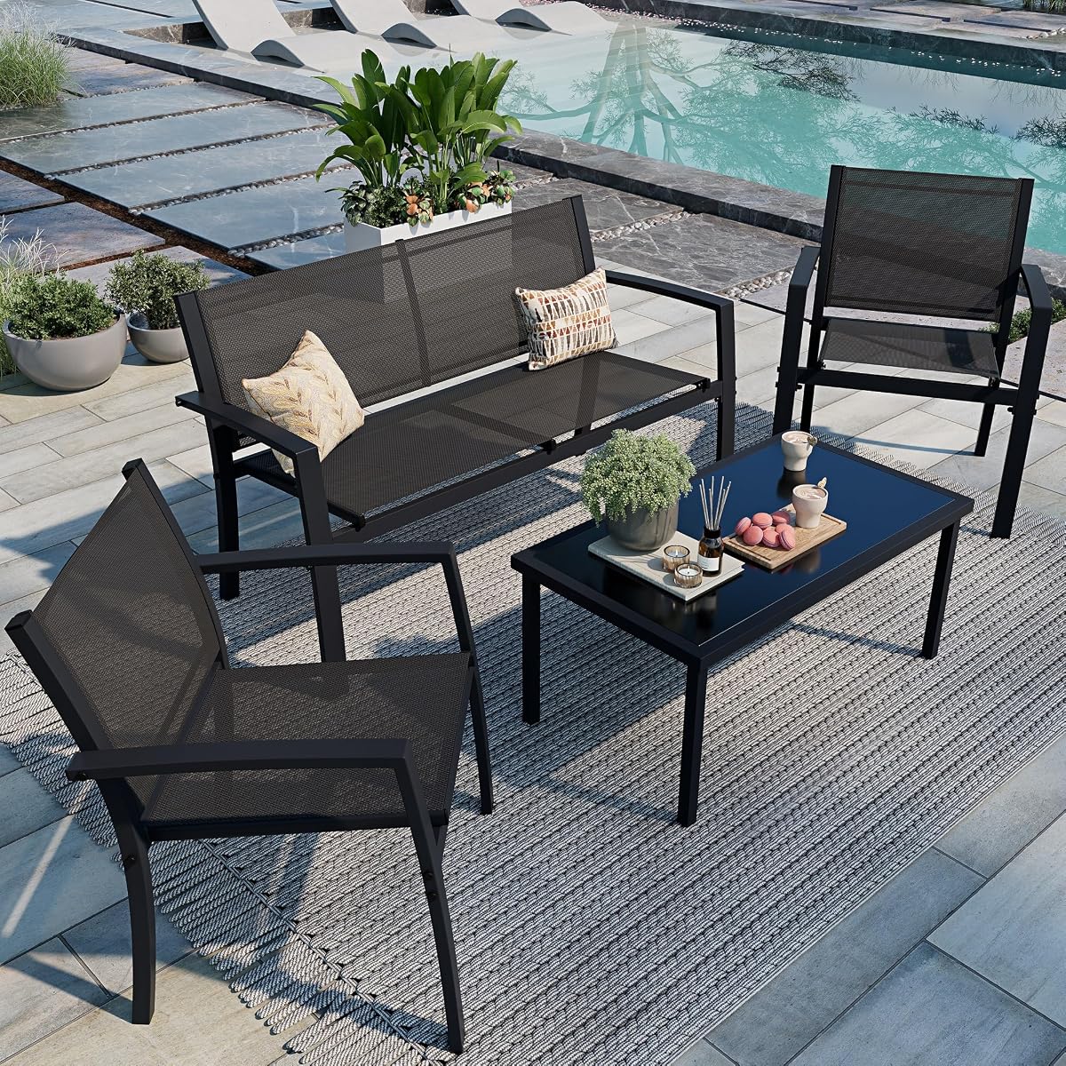 Juego de muebles de patio de 4 piezas, tela textil para todo tipo de clima, juego de conversación al aire libre, con mesa de centro de vidrio, sofá de dos plazas, 2 sillas individuales para el hogar, jardín, césped, porche (negro)