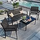 Shintenchi 4 Pieces Patio Furniture Set All Weather Textile Fabric Outdoor Conversation Set, with Glass Coffee Table, Loveseat, 2 Single Chairs for Home, Garden, Lawn, Porch（Black）