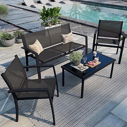 Shintenchi 4 Pieces Patio Furniture Set All Weather Textile Fabric Outdoor Conversation Set, with Glass Coffee Table, Loveseat, 2 Single Chairs for Home, Garden, Lawn, Porch（Black）